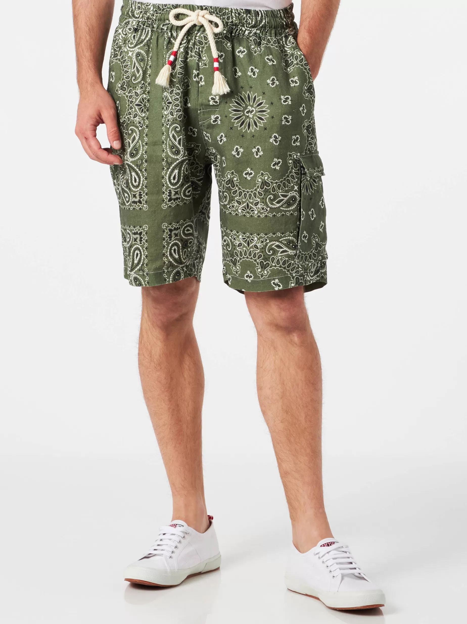 Clearance Bermuda da uomo in lino con stampa bandana verde militare Uomo Bermuda E Pantaloni