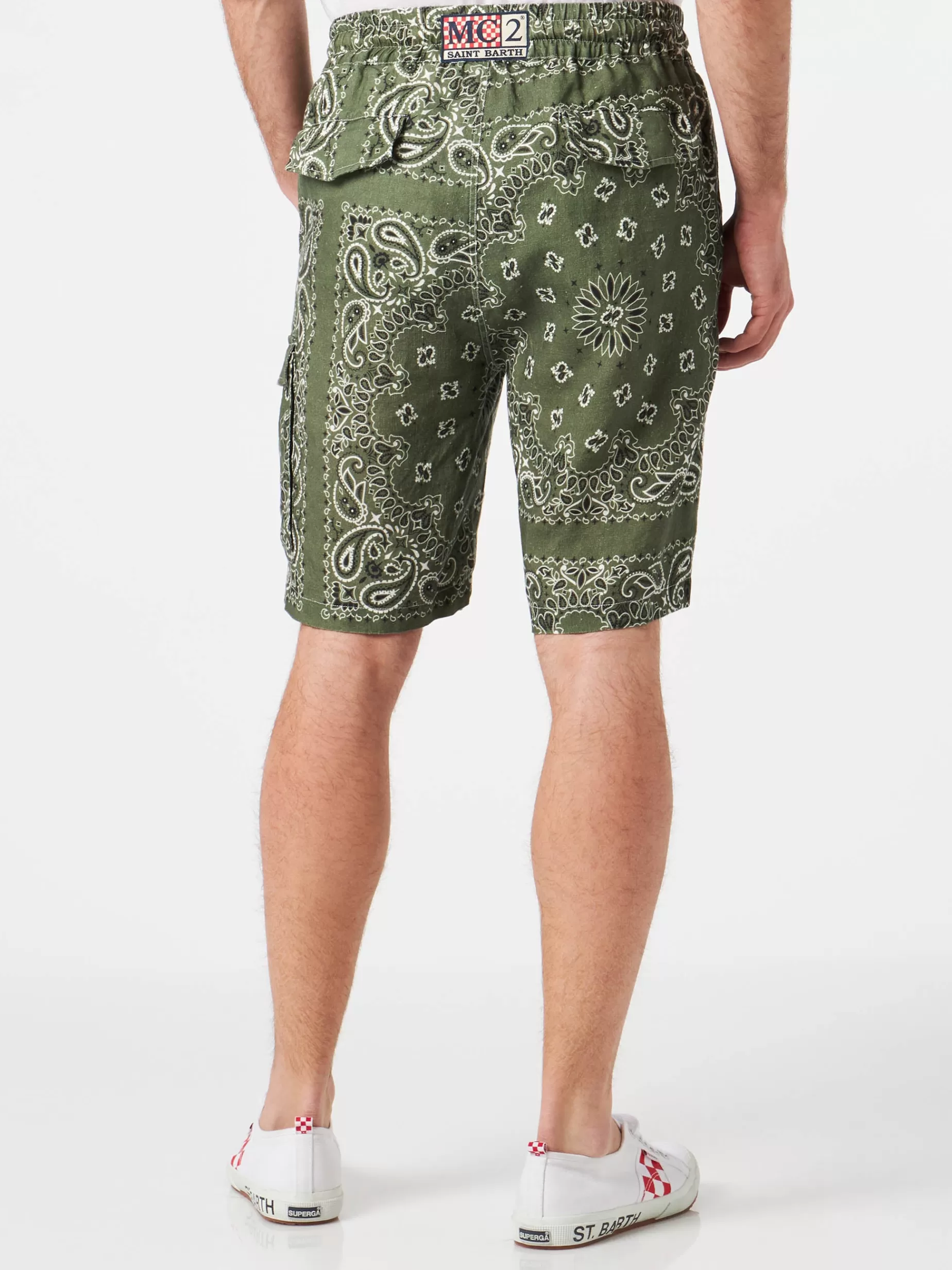 Clearance Bermuda da uomo in lino con stampa bandana verde militare Uomo Bermuda E Pantaloni