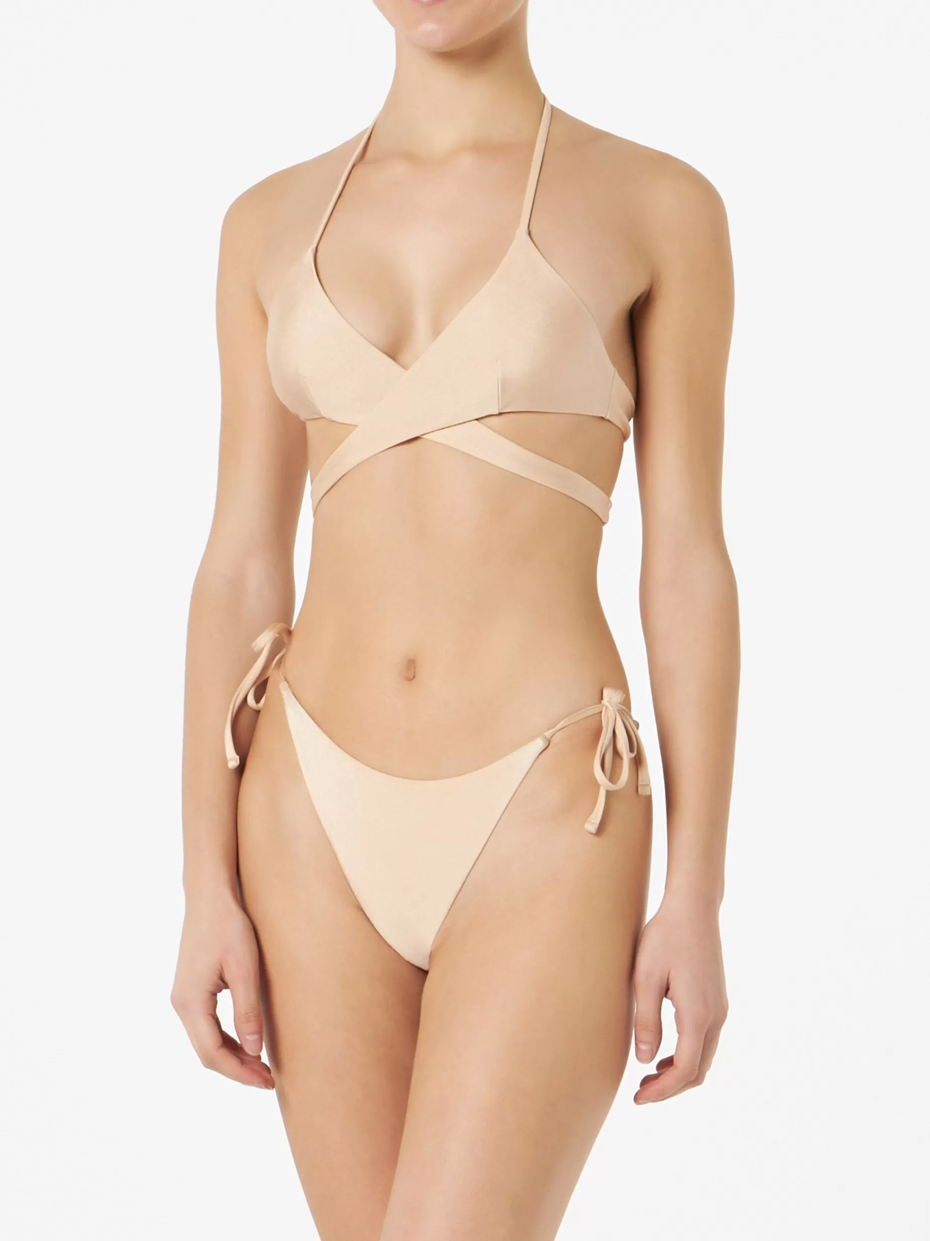 Cheap Bikini a triangolo avvolgente per donna beige lucido Donna Costumi Tinta Unita | Bikini