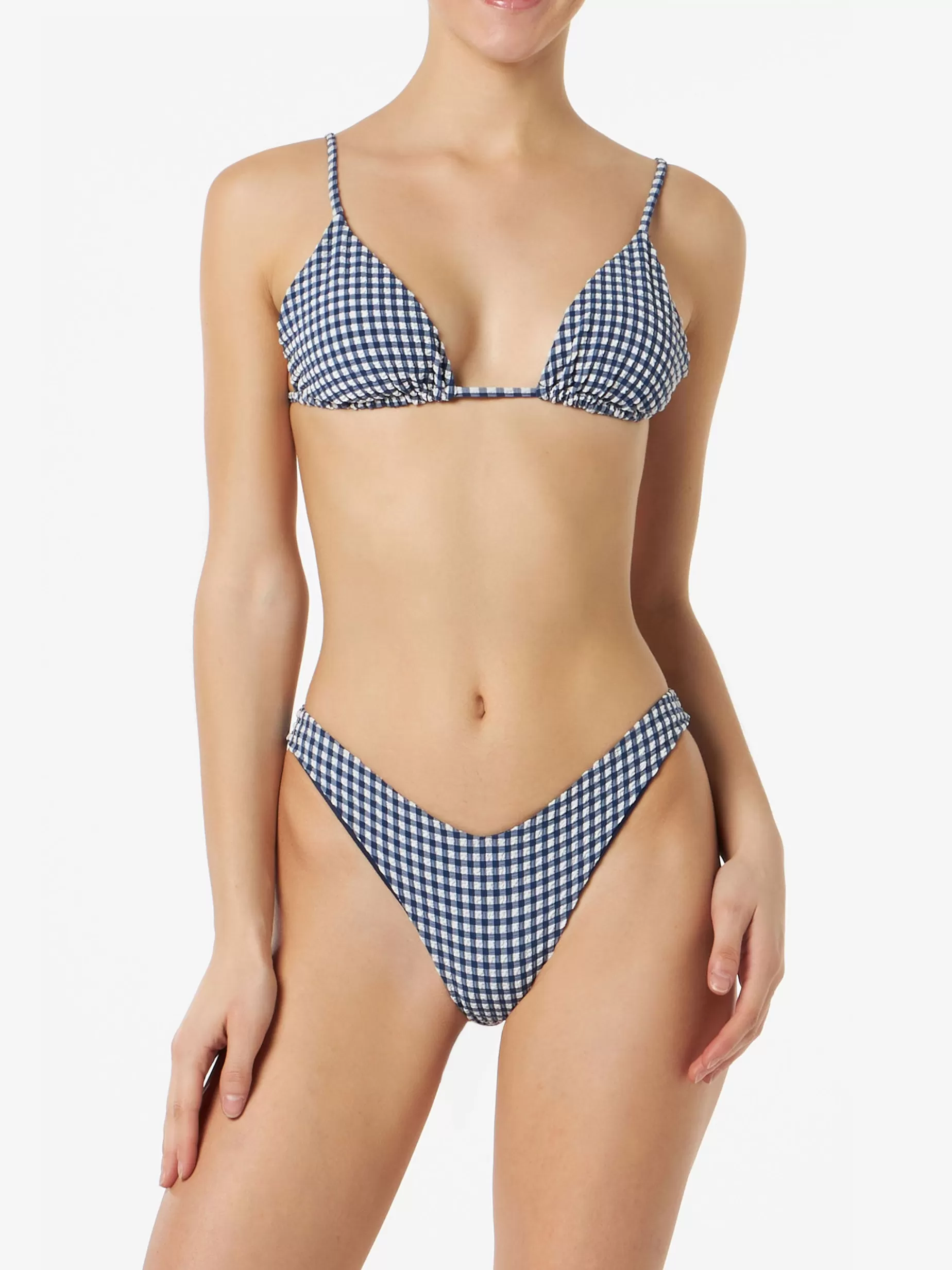 Best Sale Bikini da donna a triangolo crinkle con stampa vichy blu Donna Costumi Stampati | Bikini