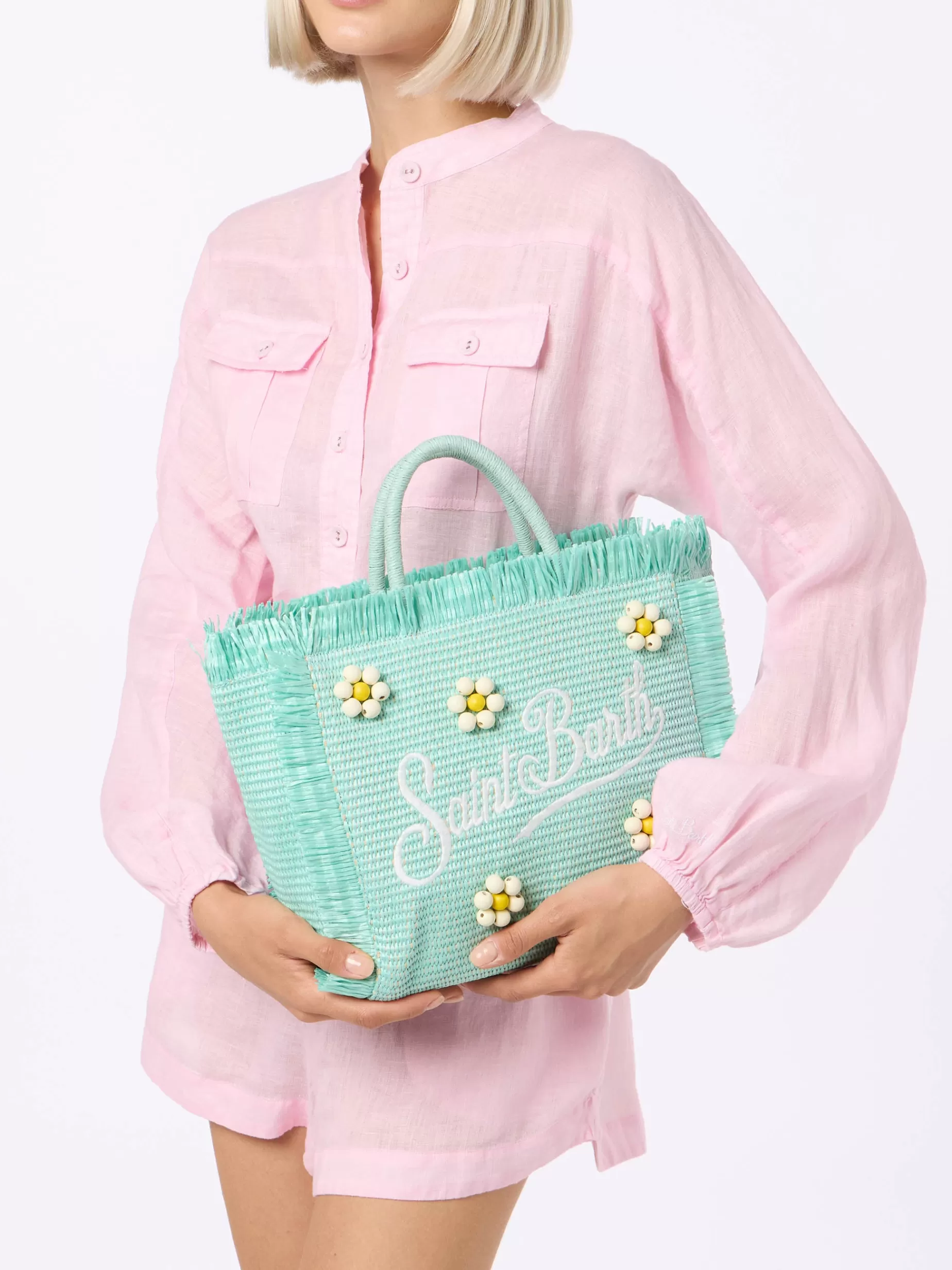Best Borsa a mano Colette in paglia verde acqua con perline di legno a forma di fiore Donna Borse A Mano | Borse A Mano