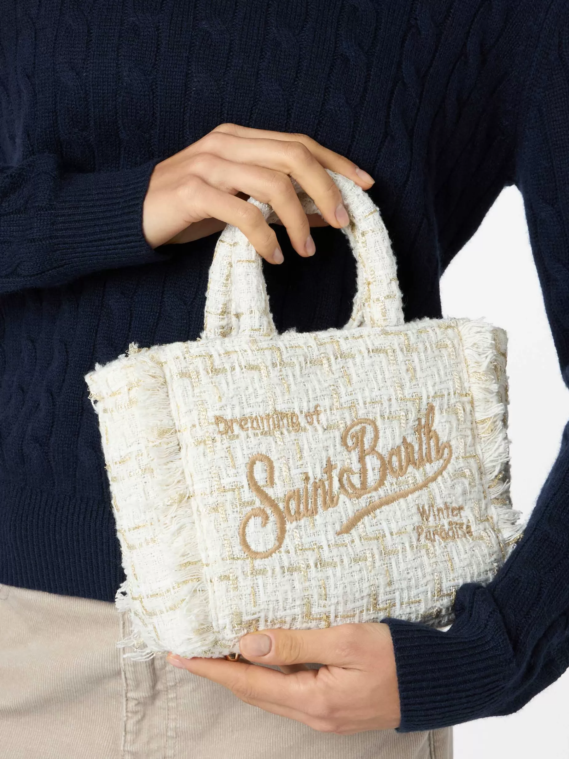 Shop Borsa a mano Mini Vanity in lana con motivo tweed bianco Donna Pouch & Borse A Tracolla | Pouch & Borse A Tracolla