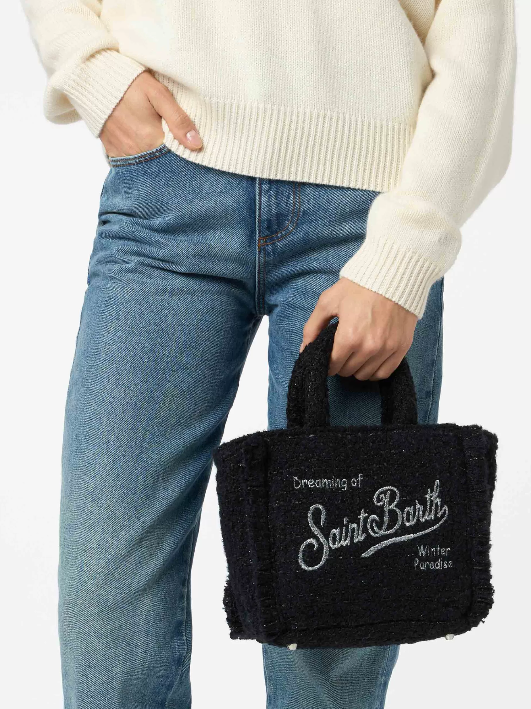 Shop Borsa a mano Mini Vanity in lana con motivo tweed nero Donna Pouch & Borse A Tracolla | Pouch & Borse A Tracolla