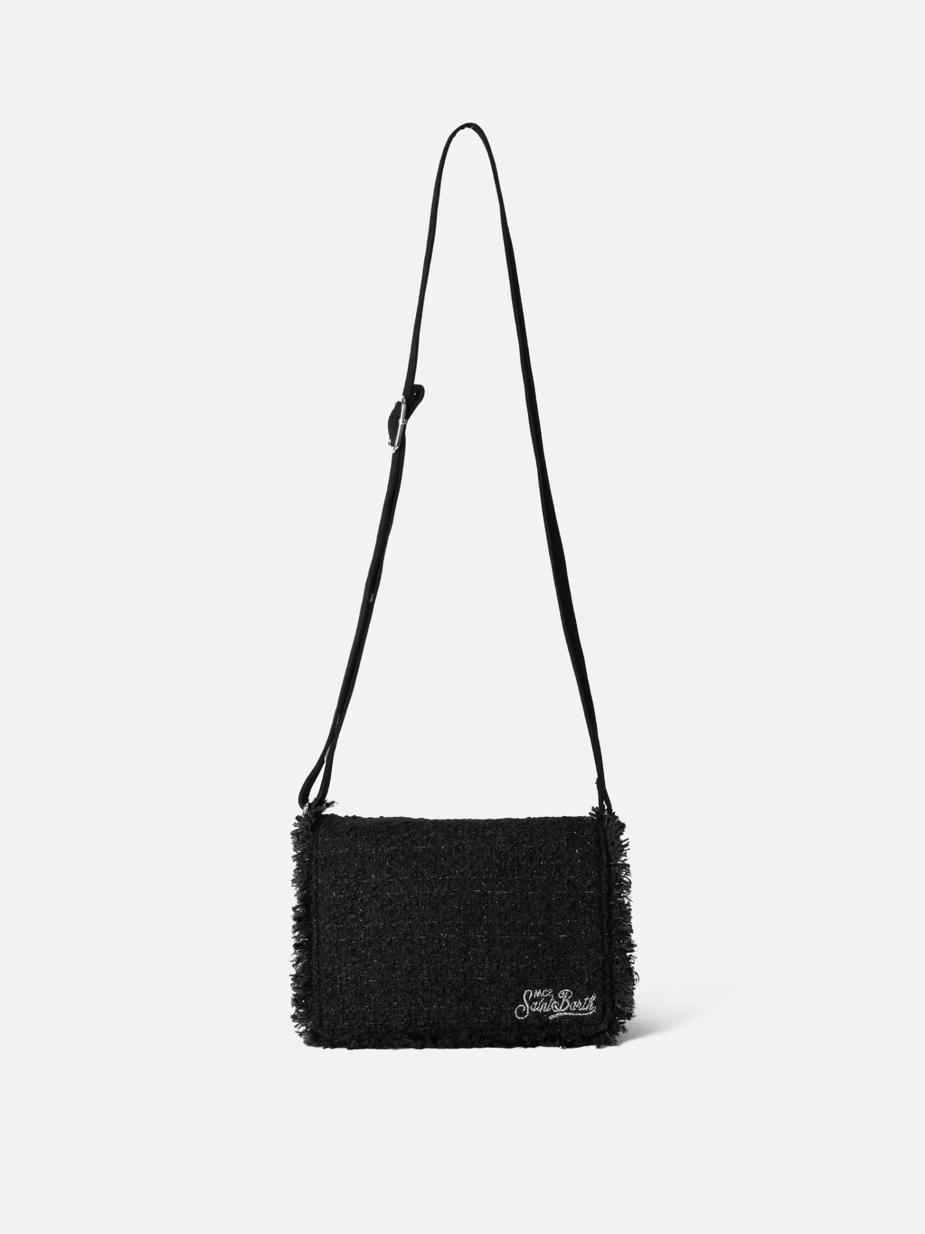 Outlet Borsa a tracolla in tweed nero Tita con ricamo Saint Barth Donna Pouch & Borse A Tracolla | Pouch & Borse A Tracolla