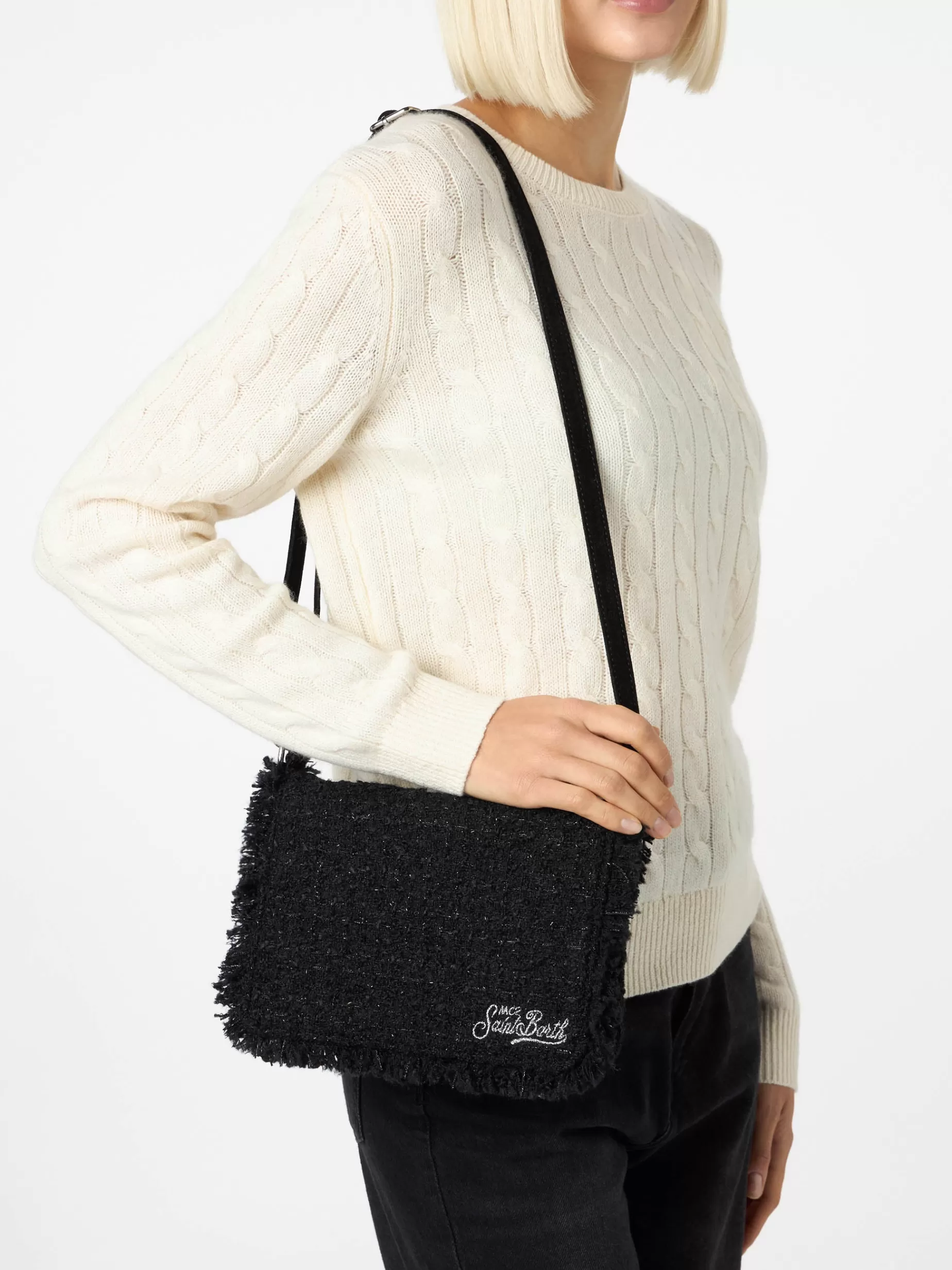 Outlet Borsa a tracolla in tweed nero Tita con ricamo Saint Barth Donna Pouch & Borse A Tracolla | Pouch & Borse A Tracolla