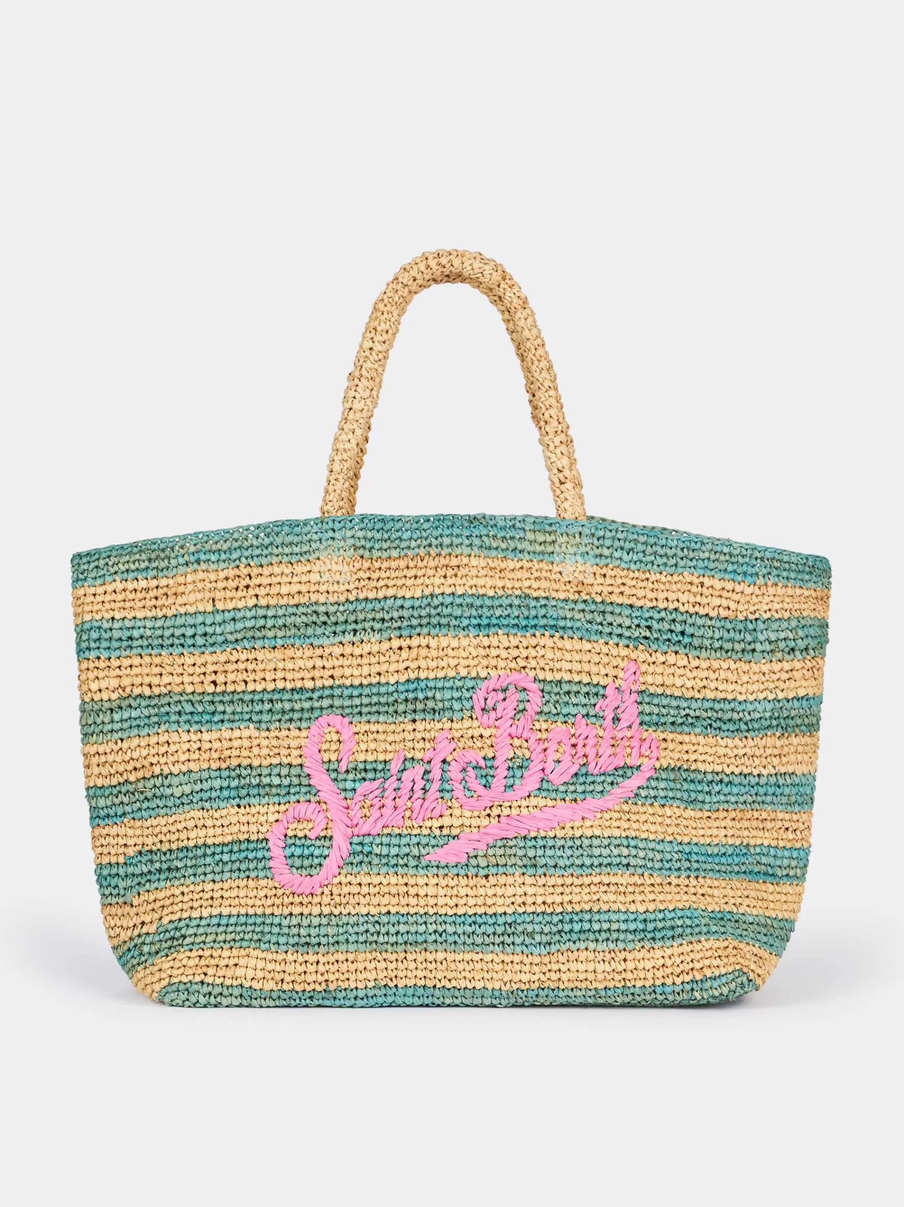 Discount Borsa da spiaggia in rafia rigata turchese con pochette in cotone Donna Borse A Spalla | Borse A Spalla