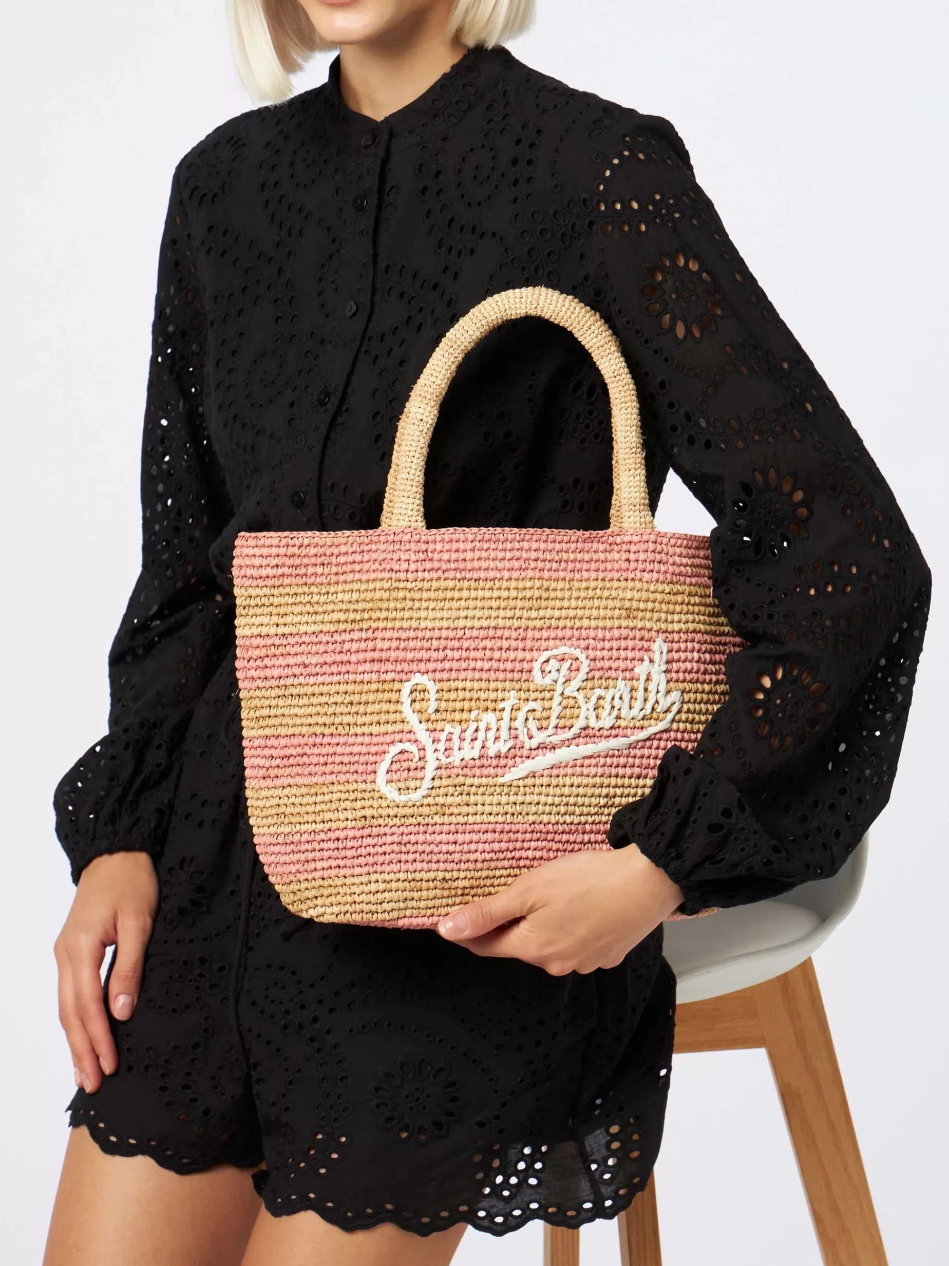 Best Borsa midi Beach in rafia a righe rosa con pochette in cotone Donna Borse A Mano | Borse A Mano