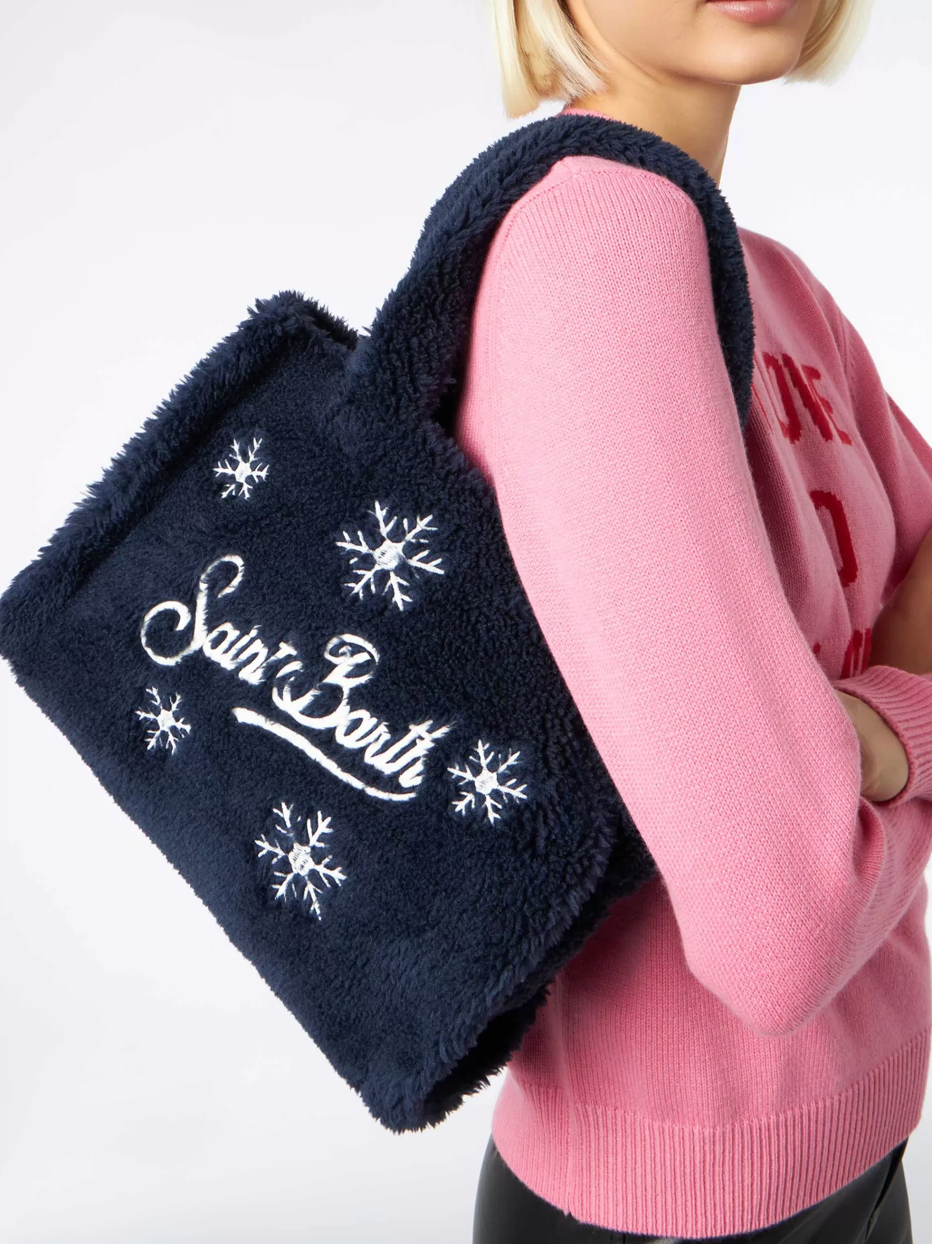 Flash Sale Borsa morbida in teddy blu con fiocchi di neve Donna Borse A Spalla | Borse A Spalla