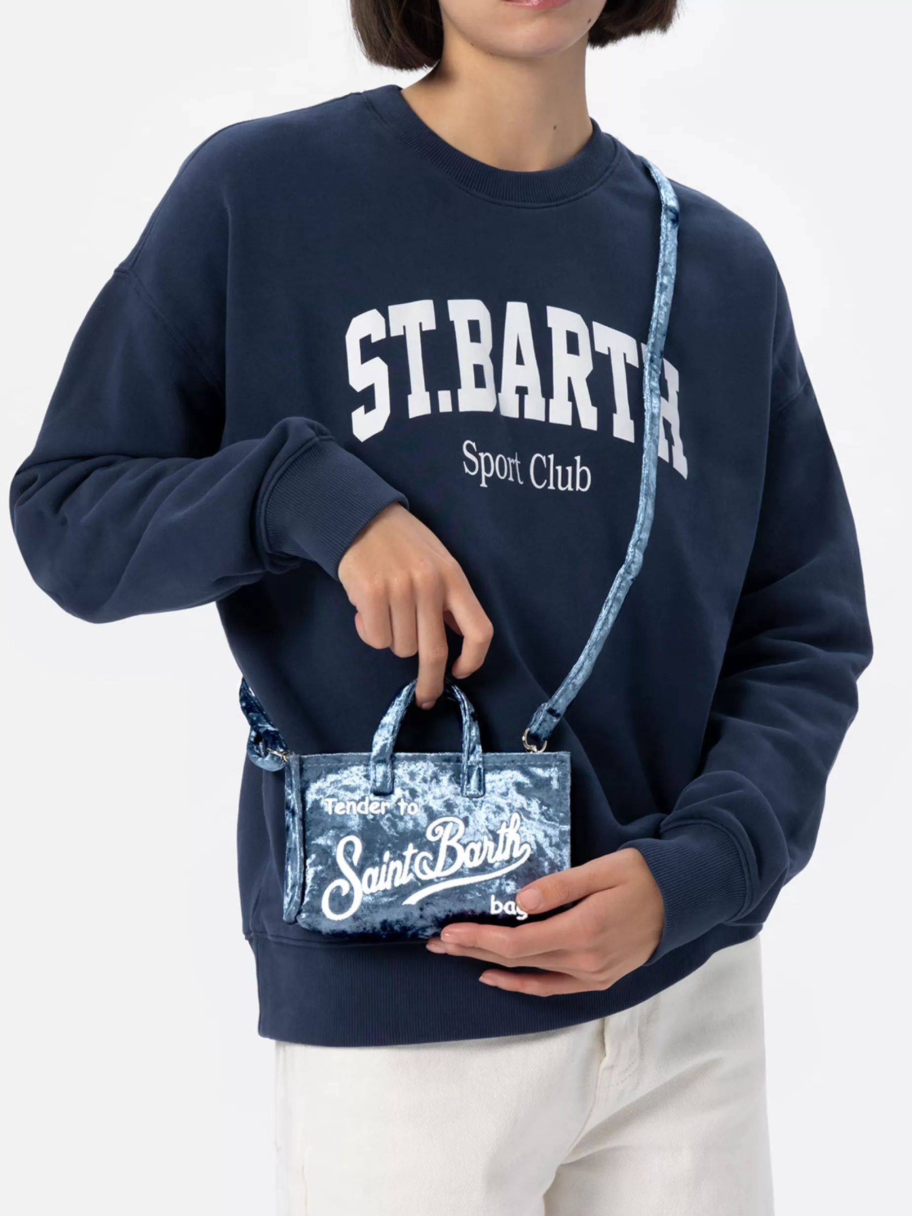 Cheap Borsa per telefono in ciniglia azzurra con ricamo logo Saint Barth Donna Pouch & Borse A Tracolla | Pouch & Borse A Tracolla