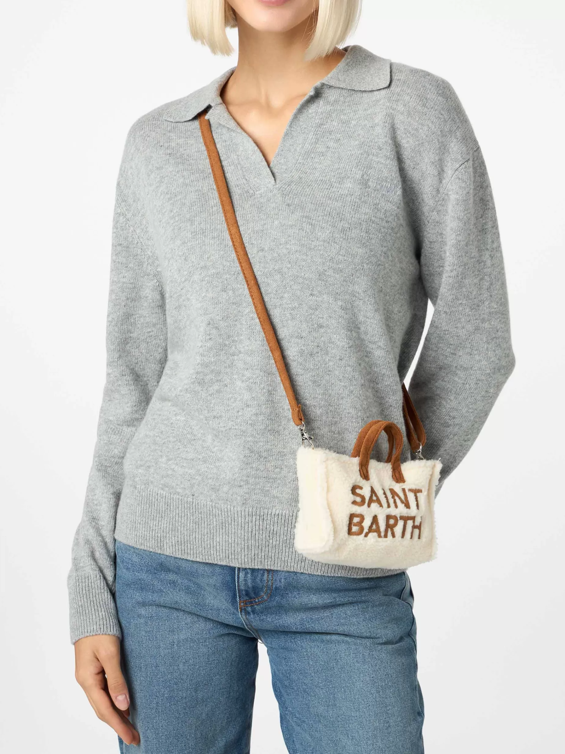 Store Borsa per telefono in tessuto teddy bianco con ricamo del logo Saint Barth Donna Micro Borse | Micro Borse