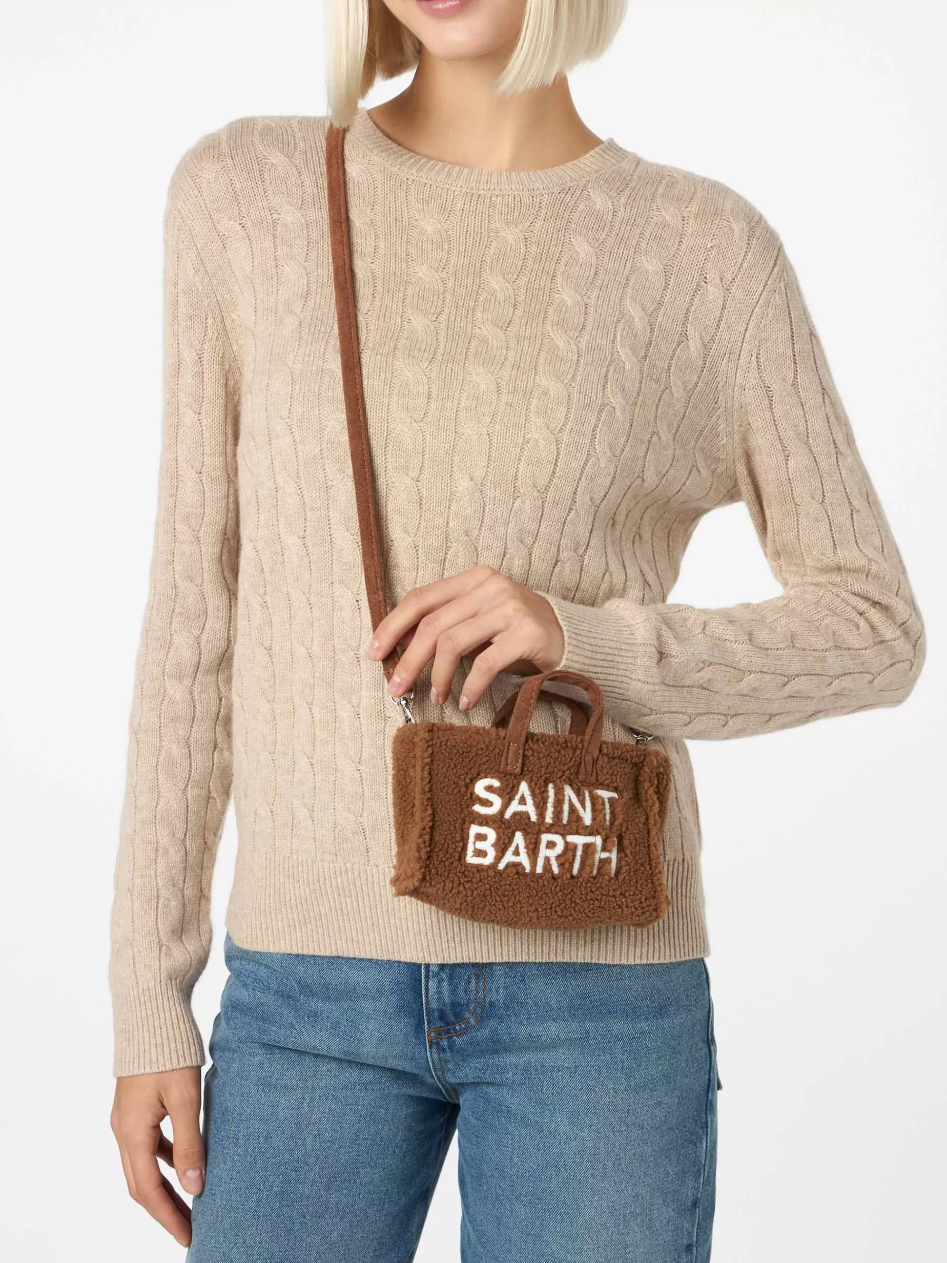 Cheap Borsa per telefono in tessuto teddy marrone con ricamo del logo Saint Barth Donna Pouch & Borse A Tracolla | Pouch & Borse A Tracolla