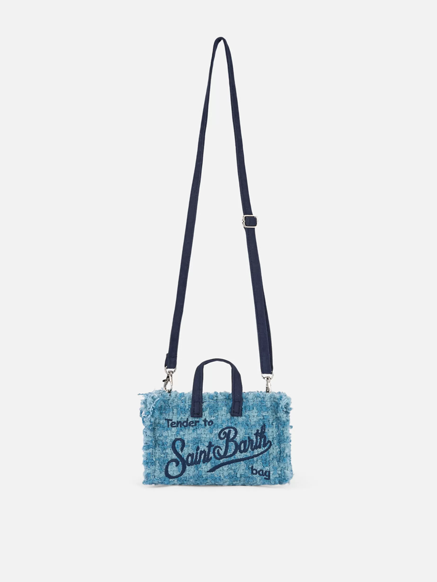 Outlet Borsa per telefono in tweed azzurro con ricamo del logo Saint Barth Donna Pouch & Borse A Tracolla | Pouch & Borse A Tracolla