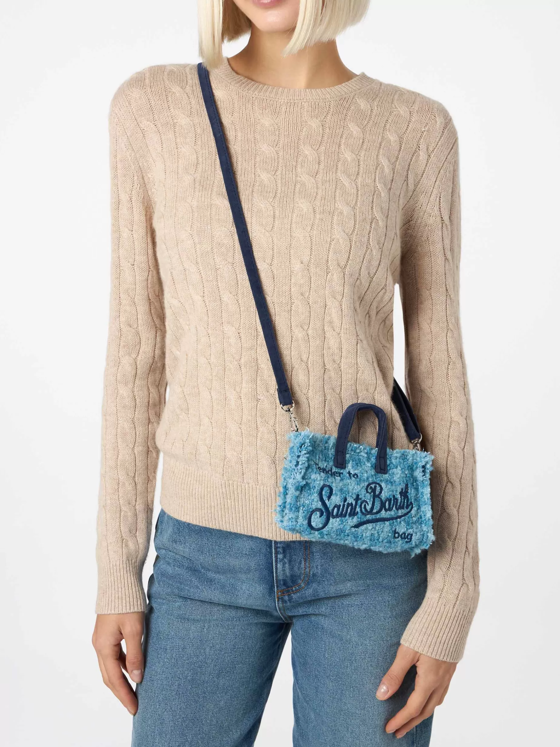 Outlet Borsa per telefono in tweed azzurro con ricamo del logo Saint Barth Donna Pouch & Borse A Tracolla | Pouch & Borse A Tracolla
