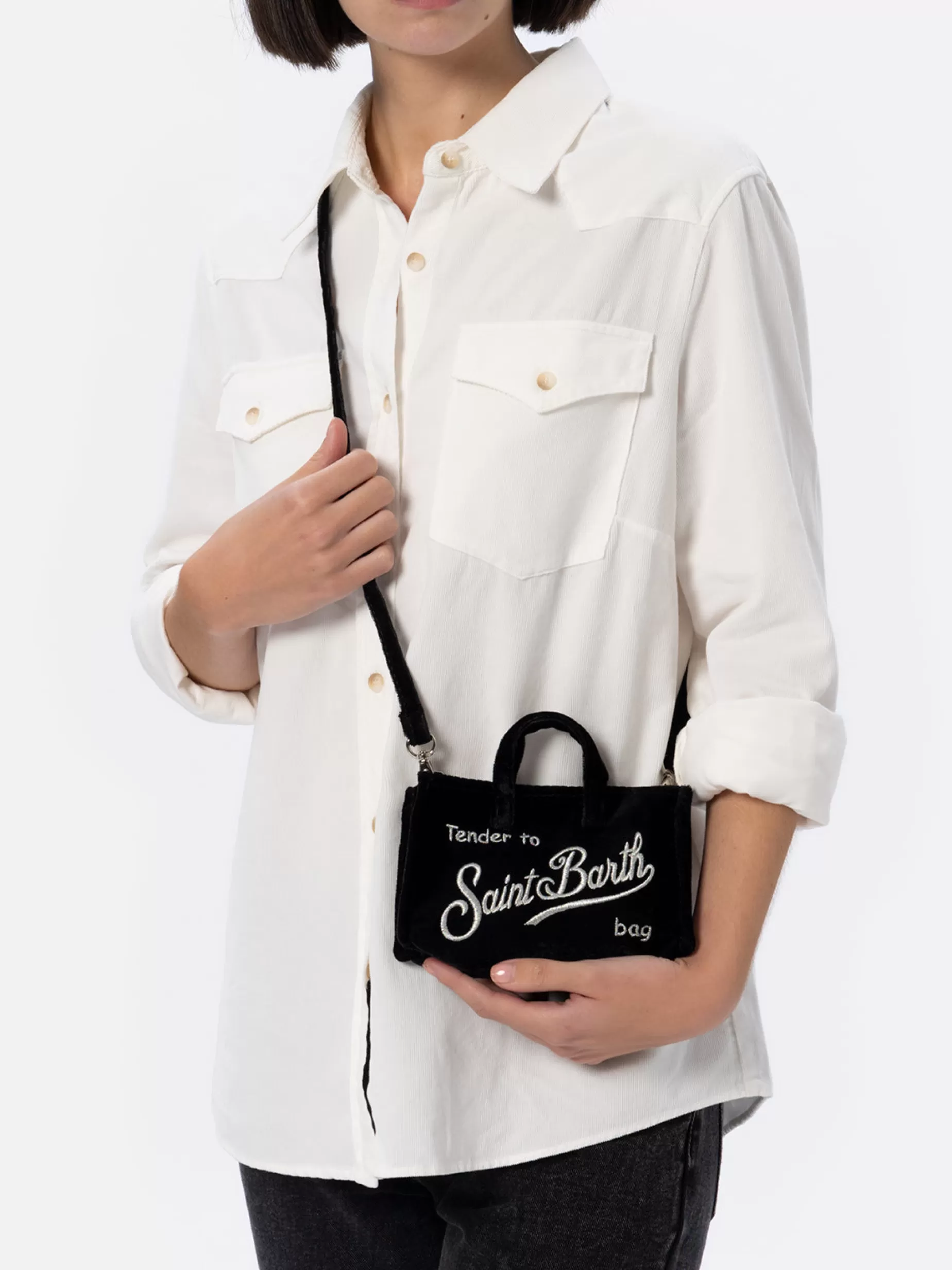 Hot Borsa per telefono in velluto nero con ricamo del logo Saint Barth Donna Pouch & Borse A Tracolla | Pouch & Borse A Tracolla