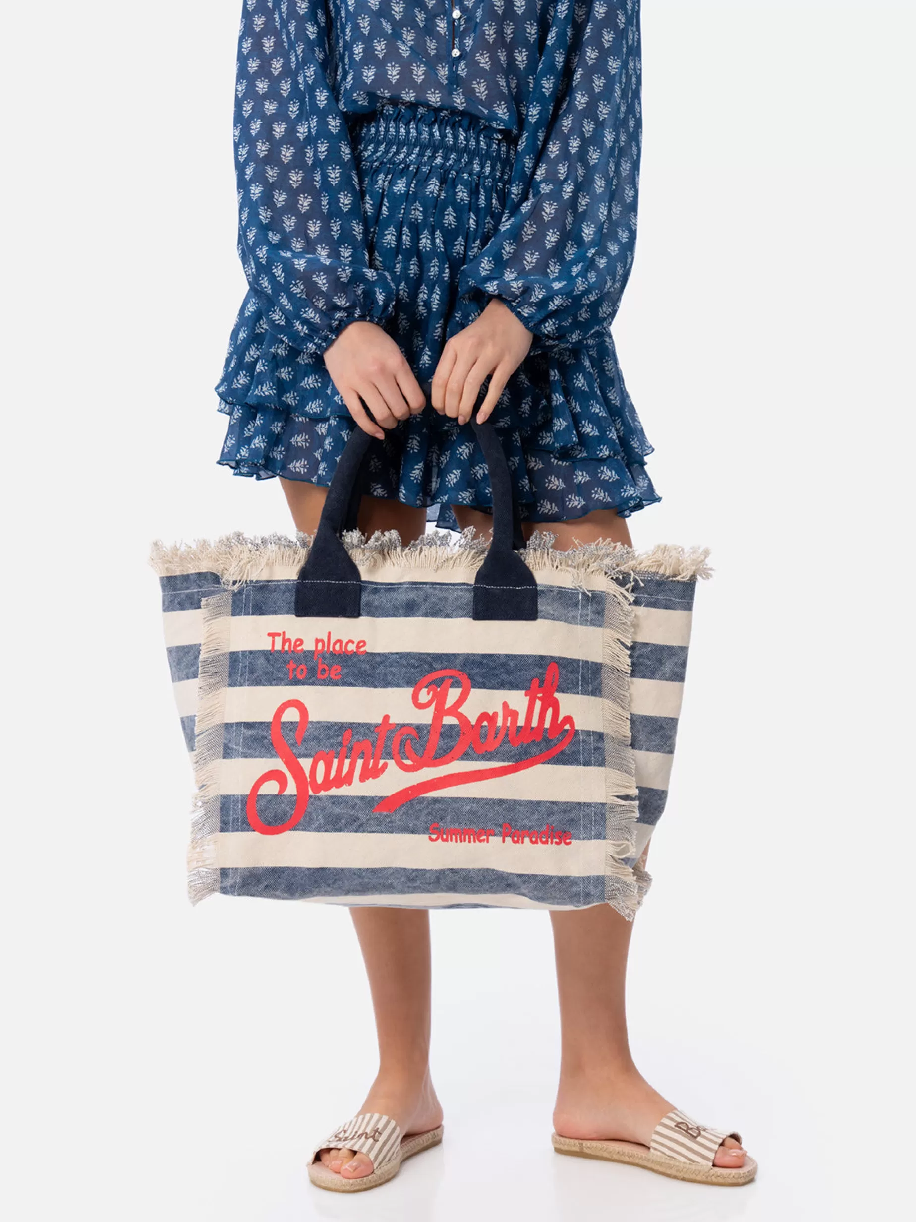 Hot Borsa tote Vanity in tela di cotone a righe blu Donna Borse A Spalla | Borse A Spalla