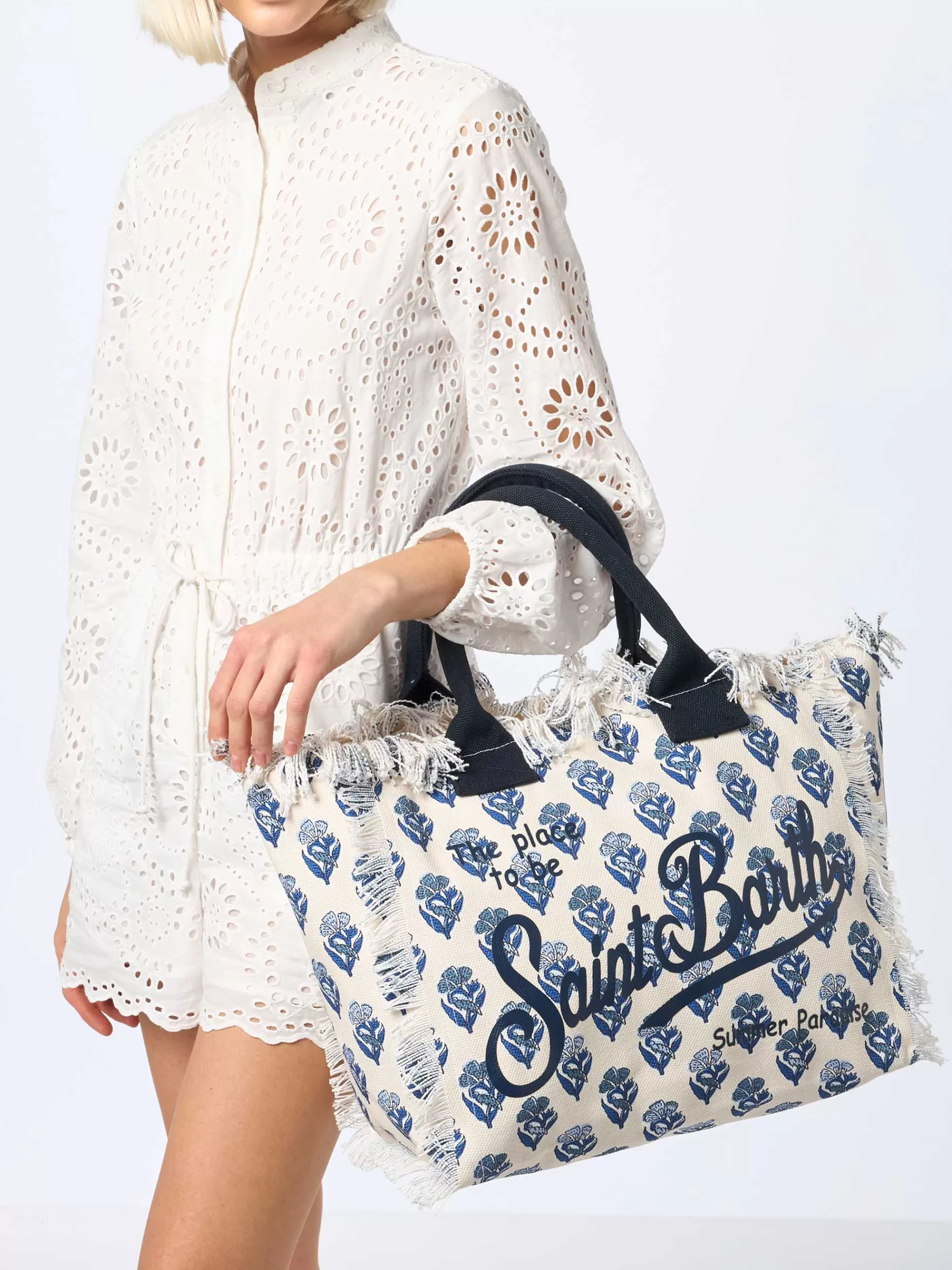 Flash Sale Borsa tote Vanity in tela di cotone a righe indaco con fiori Donna Borse A Spalla | Borse A Spalla
