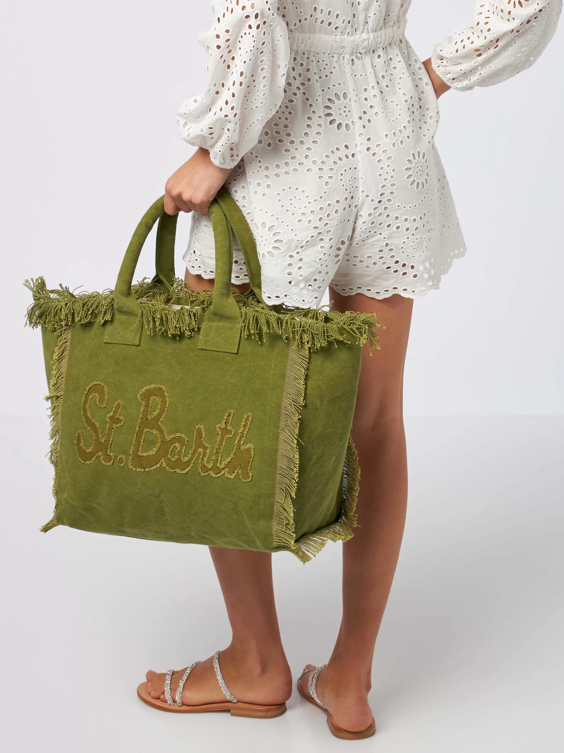 Shop Borsa tote Vanity in tela di cotone verde militare con toppa con logo Donna Borse A Spalla | Borse A Spalla