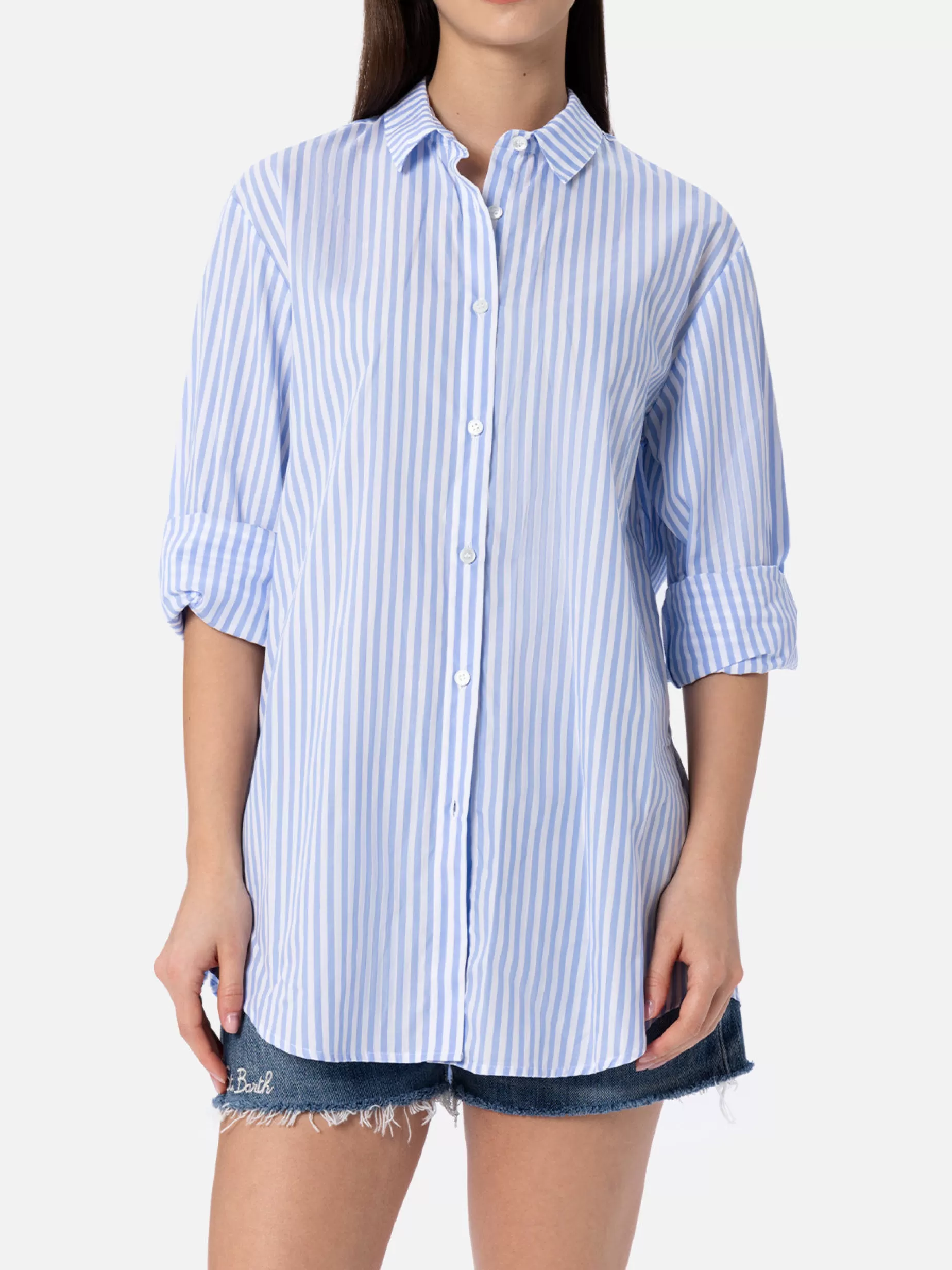 Best Camicia da donna in cotone Brigitte con stampa a righe azzurre Donna Camicie E Top