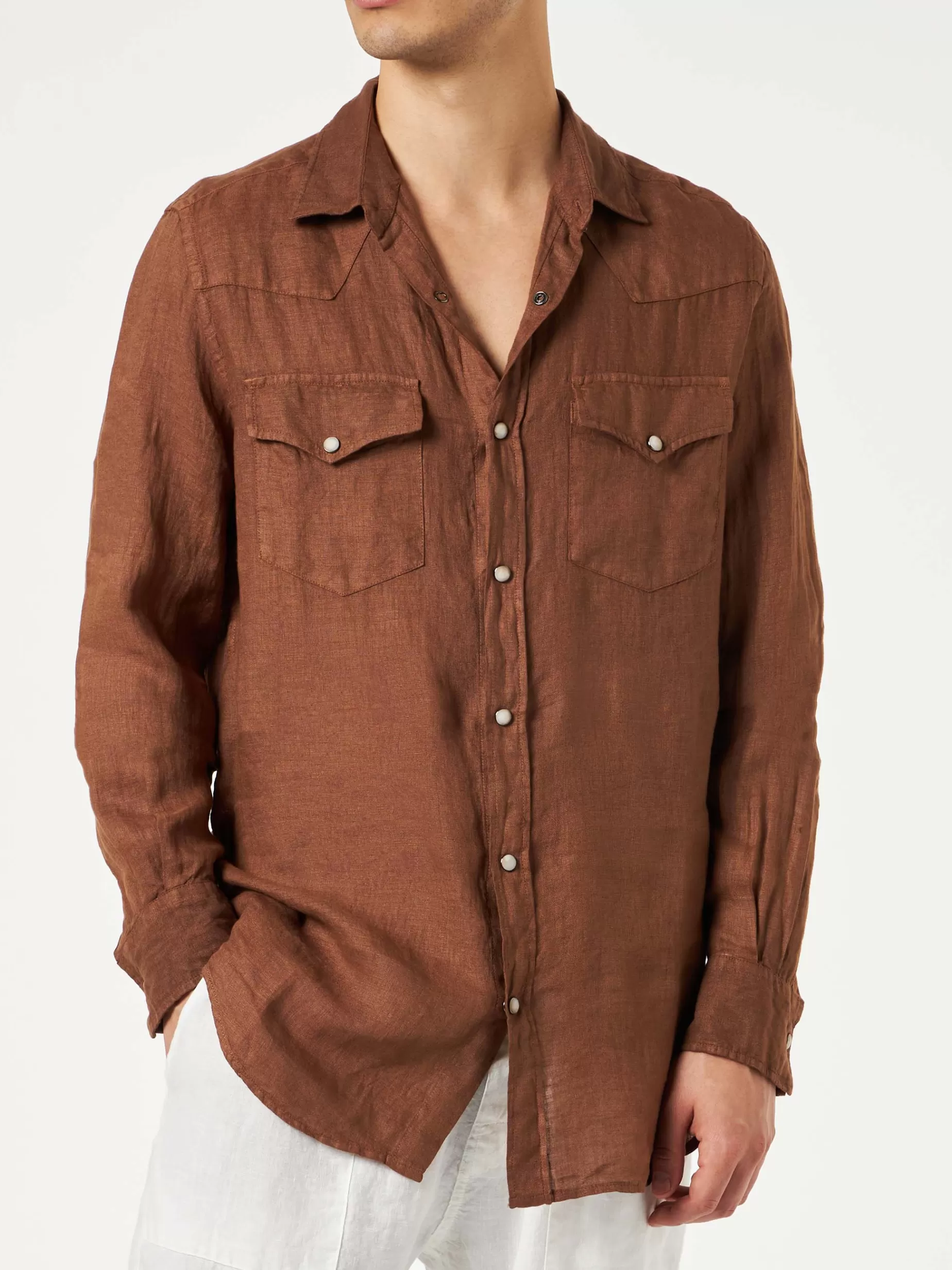 Best Sale Camicia da uomo in lino marrone Uomo Camicie