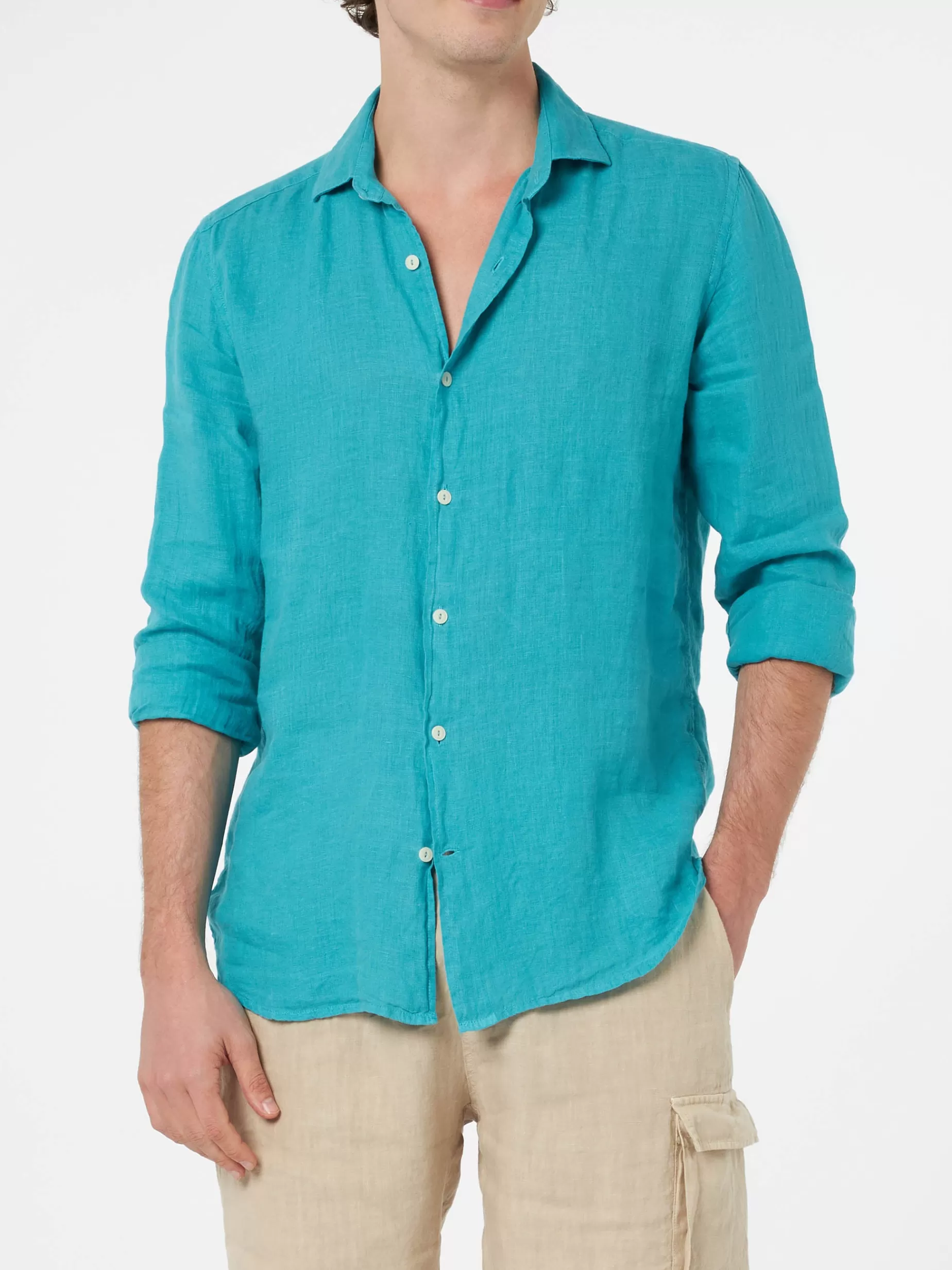 Best Sale Camicia da uomo in lino verde acqua Pamplona Uomo Camicie