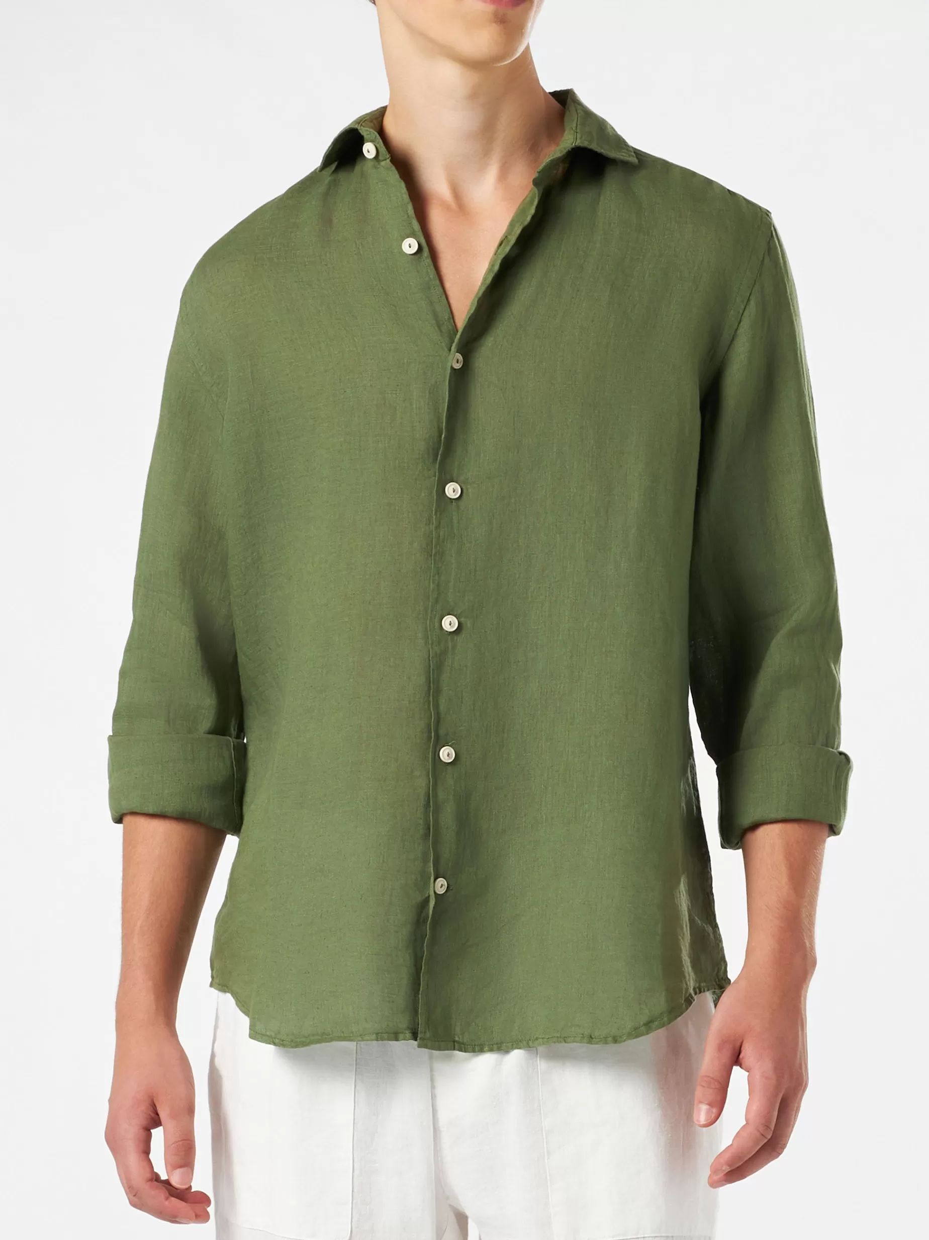 Store Camicia da uomo in lino verde militare Uomo Camicie