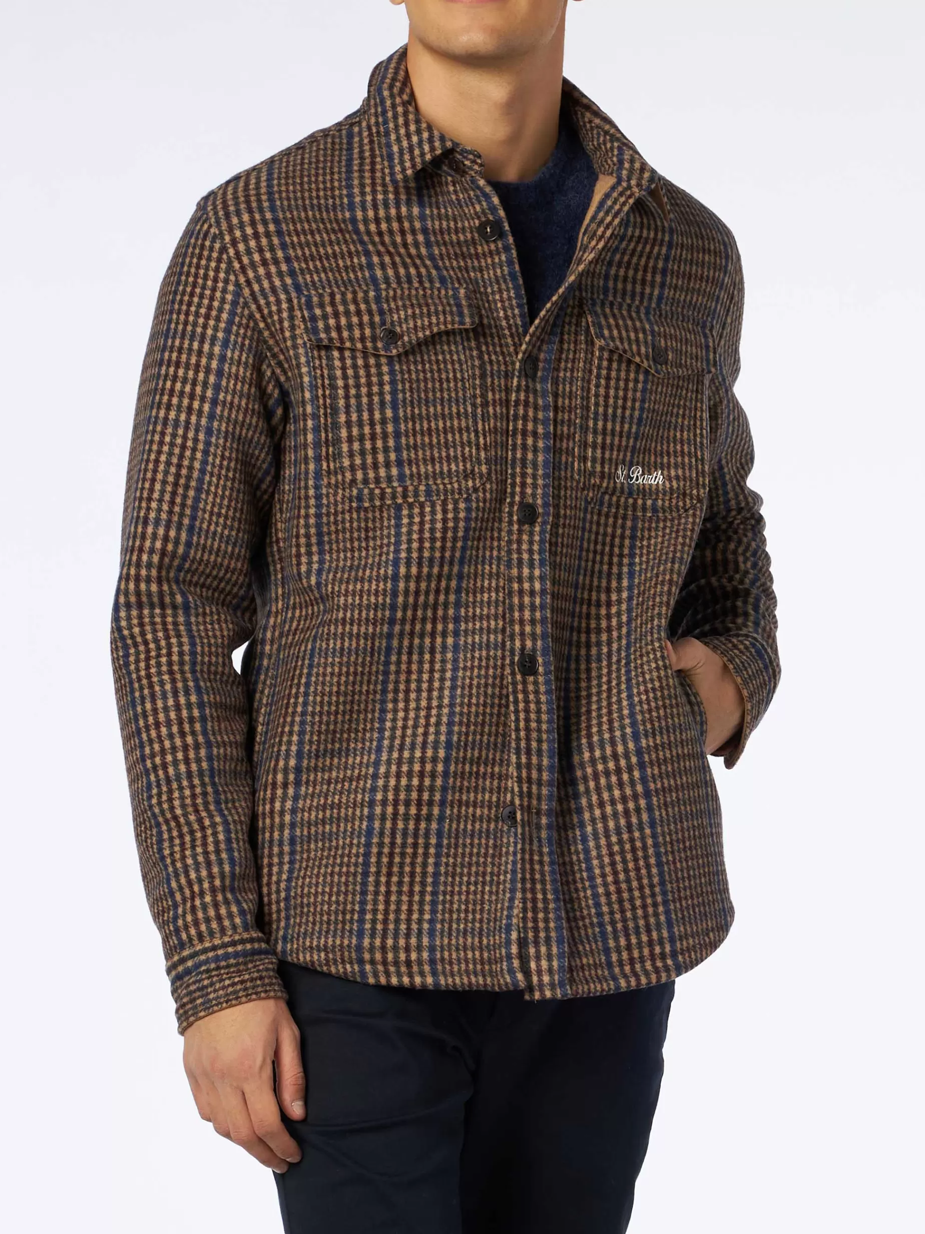Cheap Camicia da uomo in Principe di Galles di lana con tasche e toppe Uomo Overshirts And Jackets