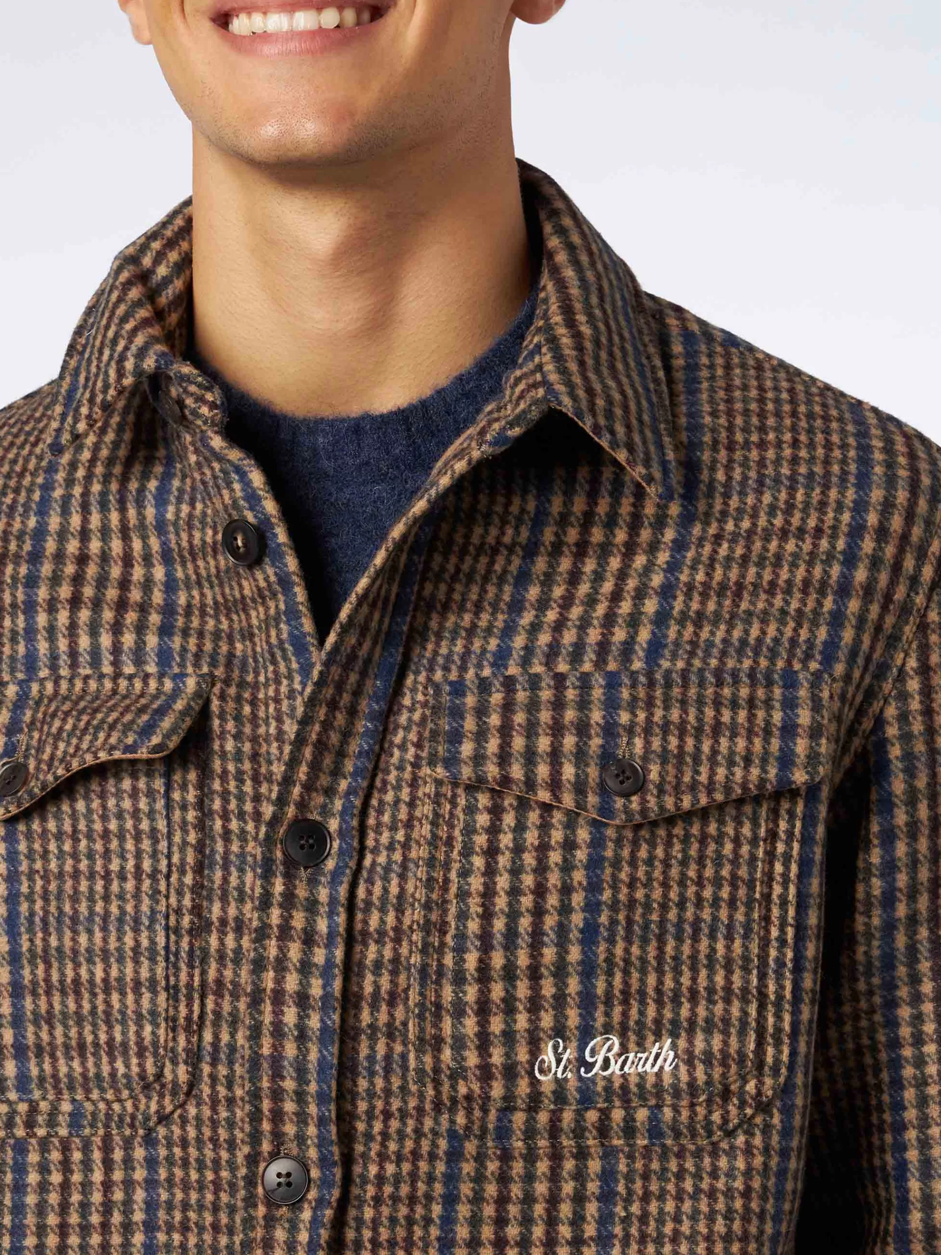 Cheap Camicia da uomo in Principe di Galles di lana con tasche e toppe Uomo Overshirts And Jackets