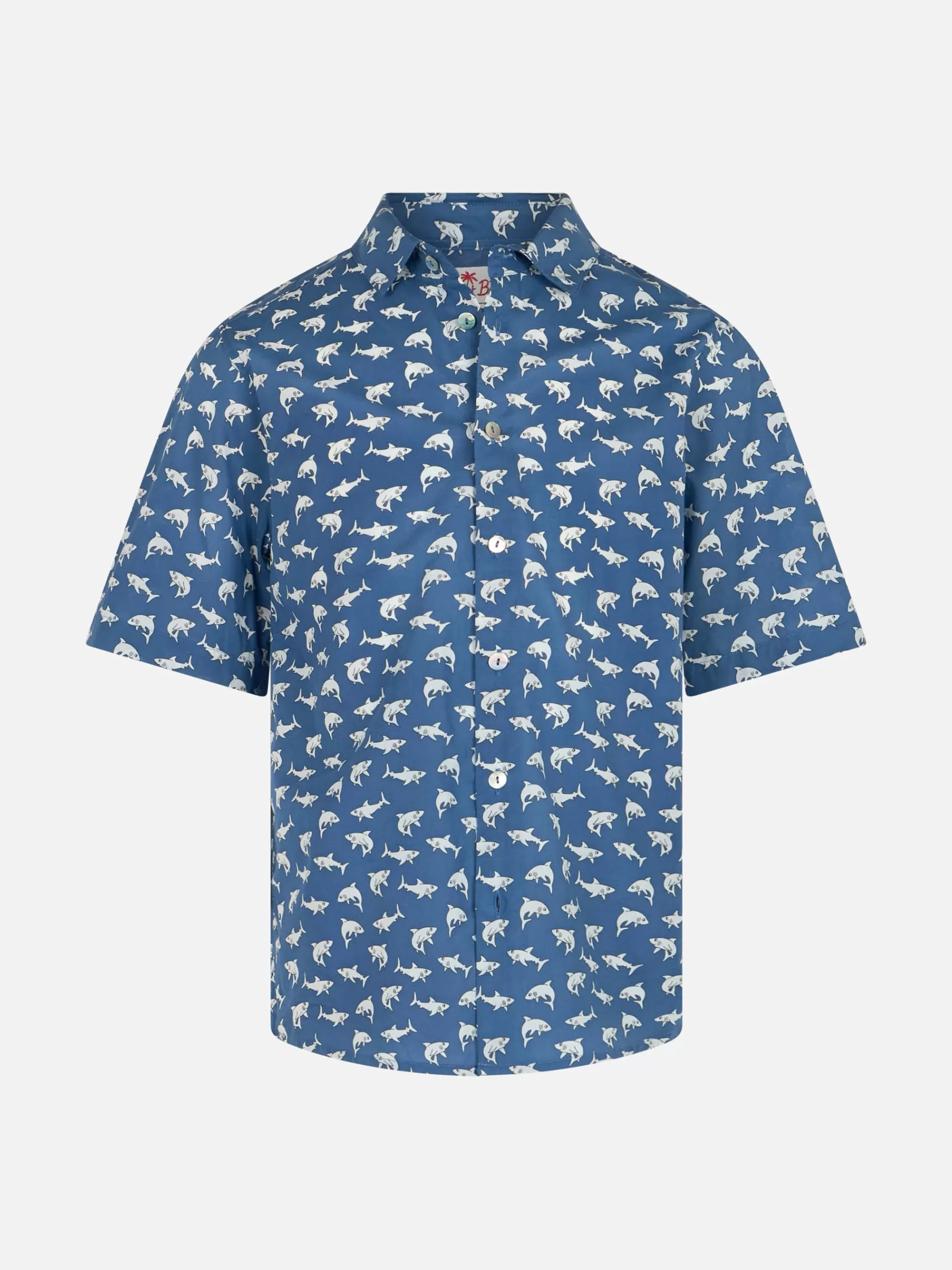 Discount Camicia in mussola di cotone Blue Boy Sharouk con stampa squalo Bambino Polo E Camicie