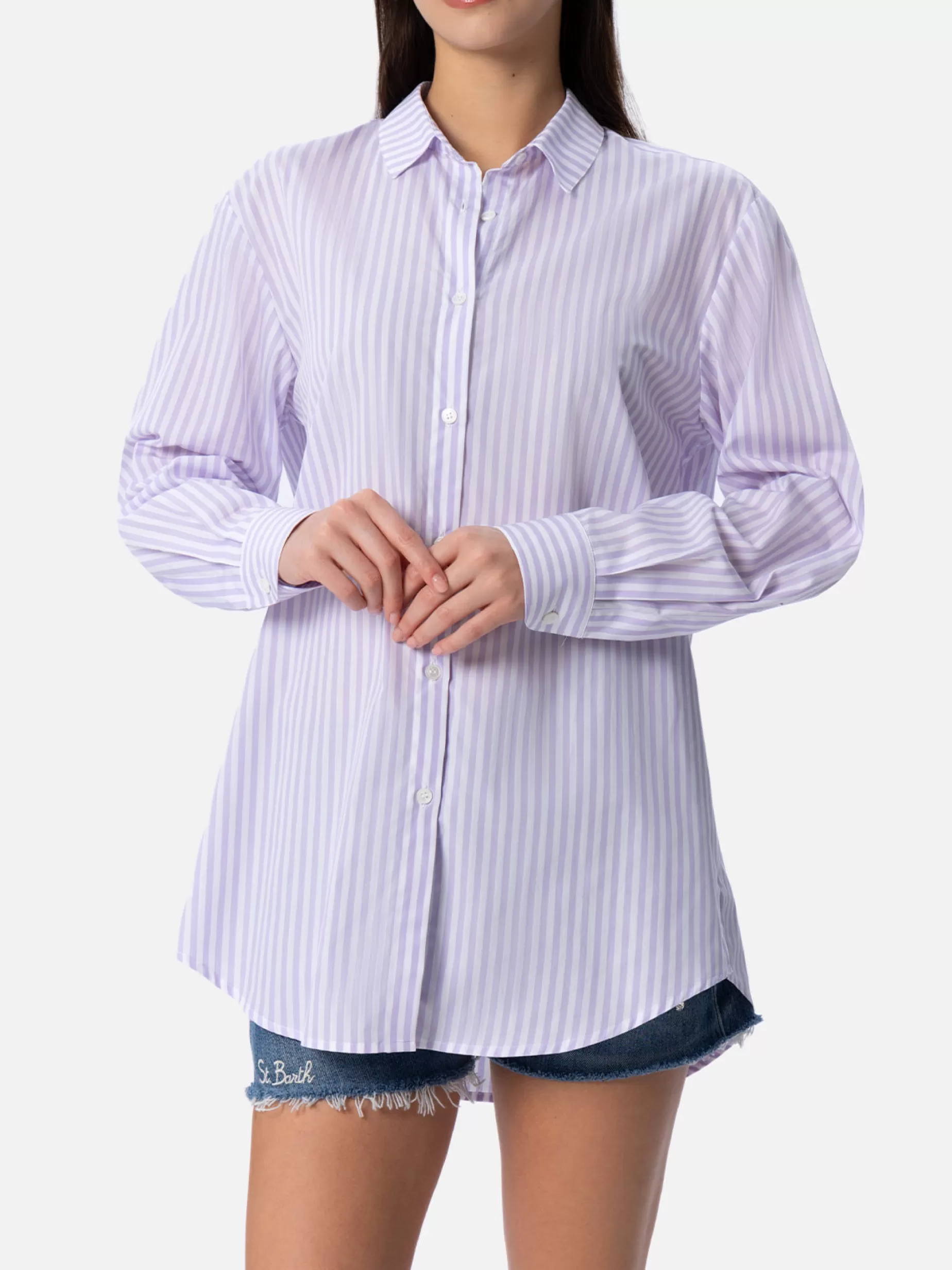 Outlet Camicia over da donna Brigitte in cotone stampa righe Donna Camicie E Top