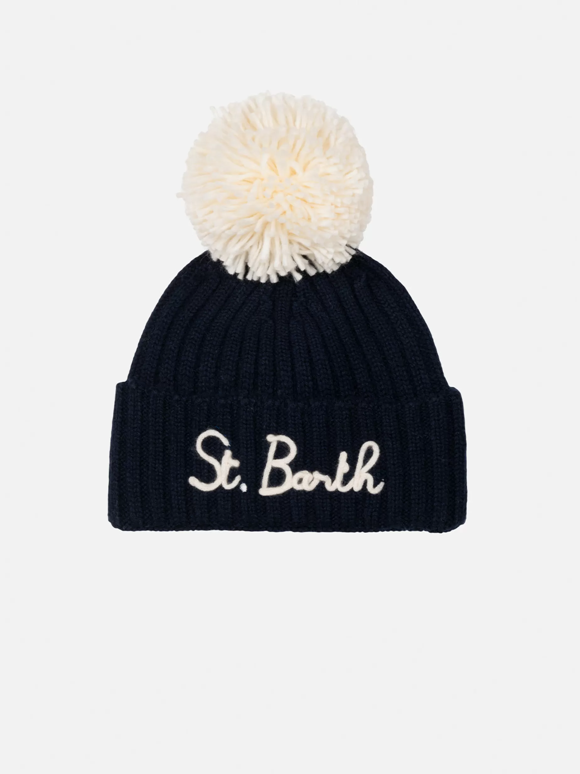 Discount Cappello blu da bambino Wengen con pompon e ricamo St. Barth Bambino Cappelli E Berretti | Maglieria