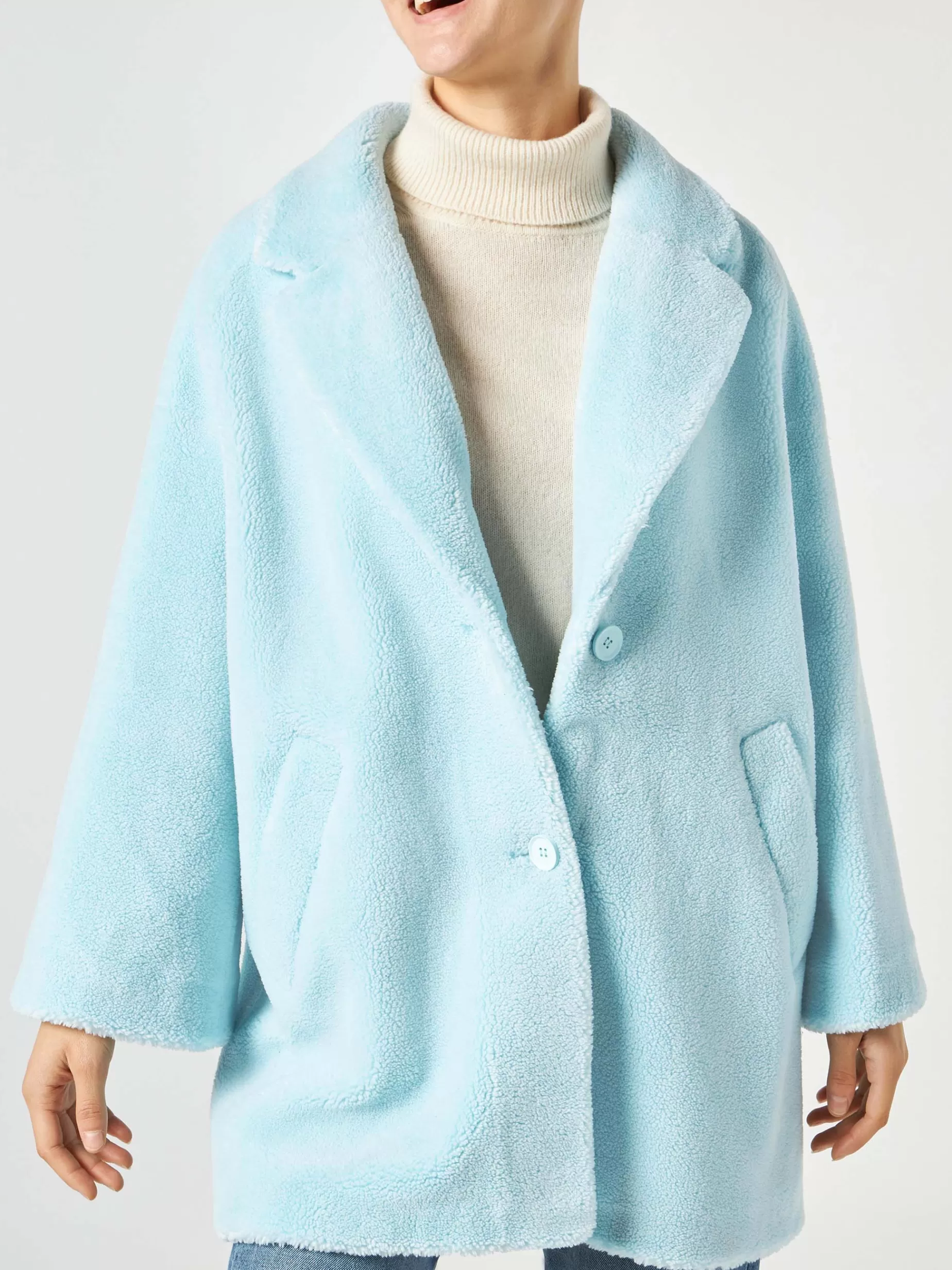 Best Sale Cappotto da donna in tessuto teddy azzurro Donna Capispalla