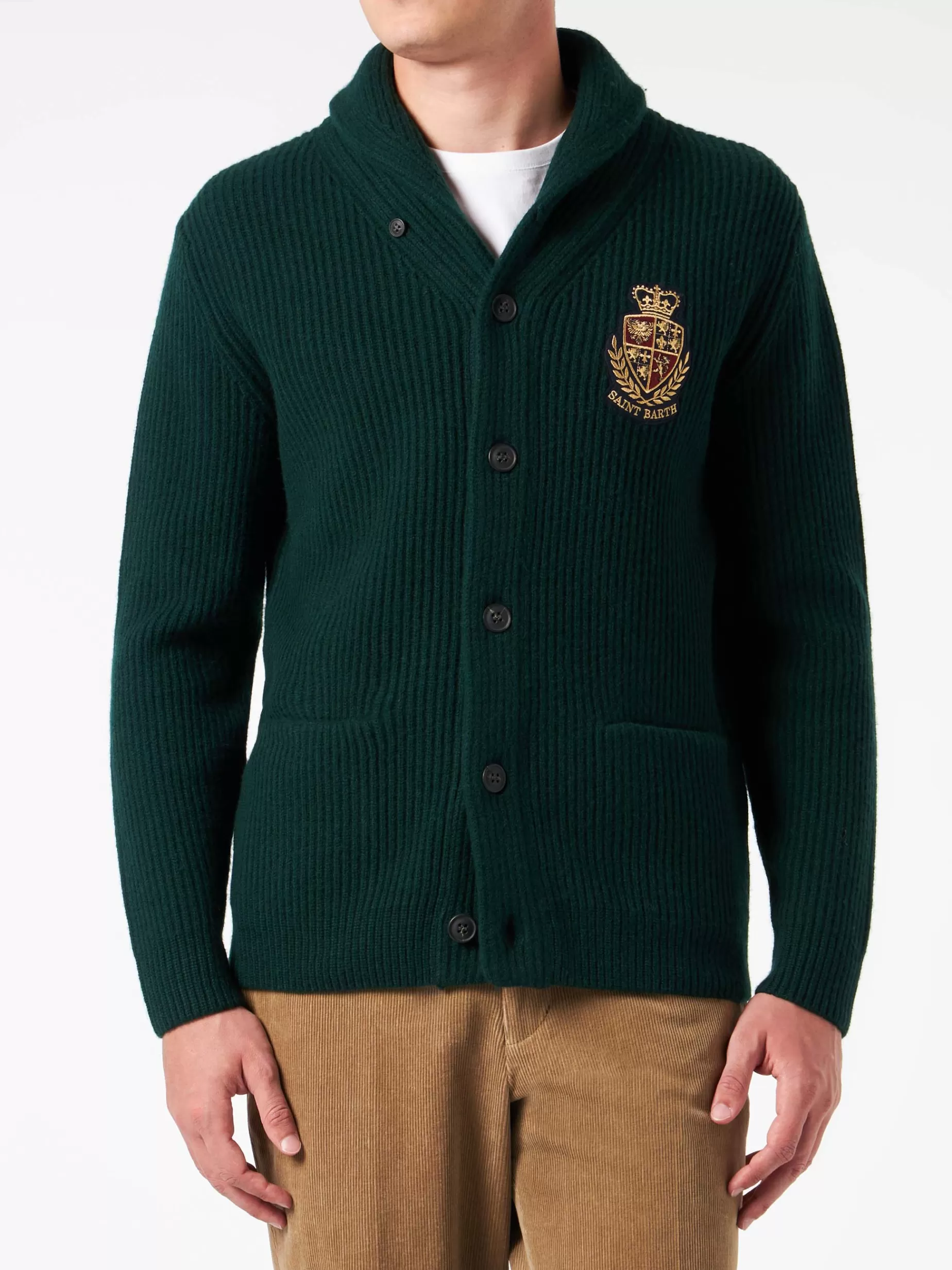 Best Cardigan da uomo a costine verde collo a scialle con tasche e toppa Uomo Maglieria