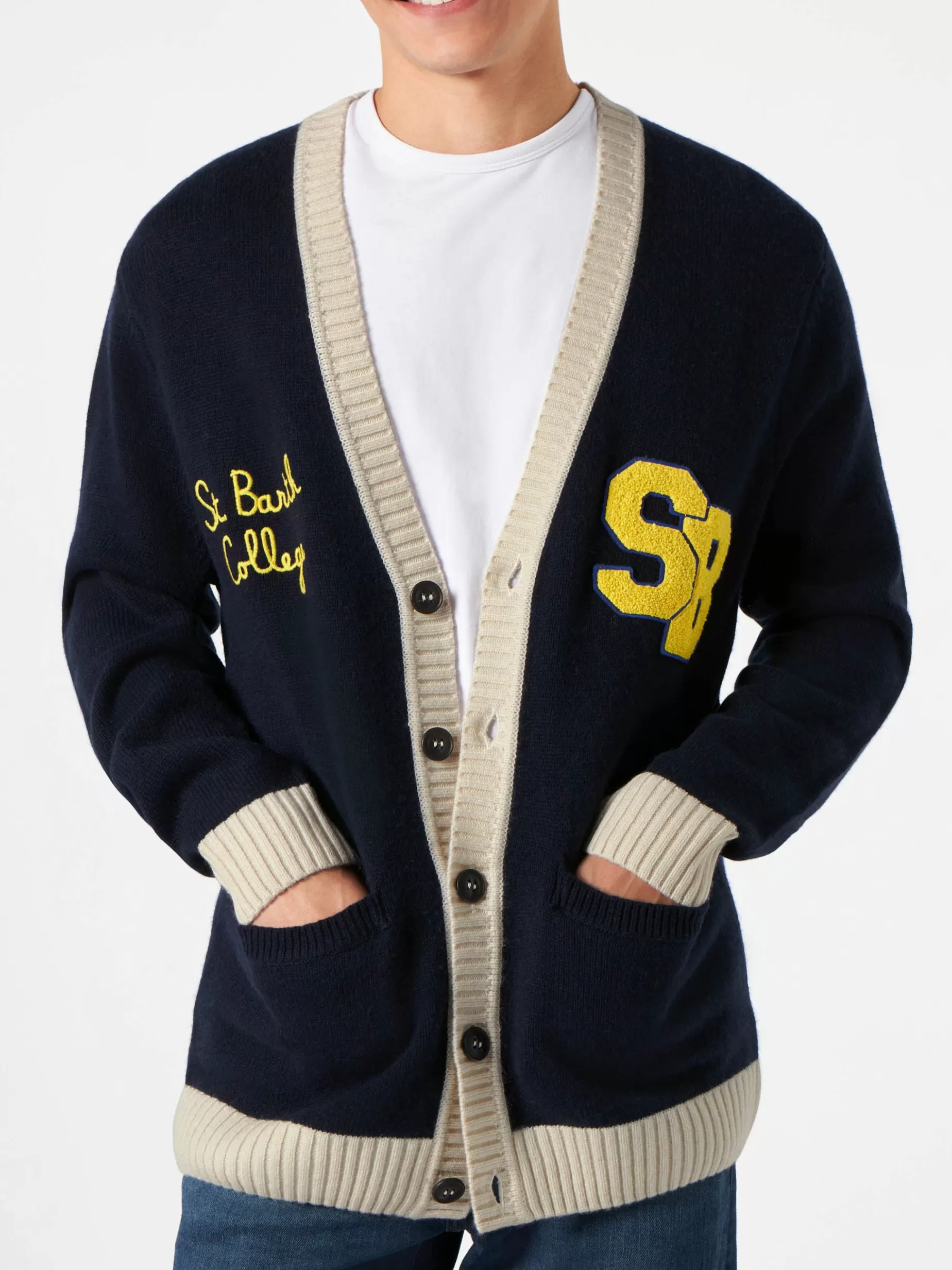 Shop Cardigan in maglia con patch e ricamo St. Barth College Maglieria