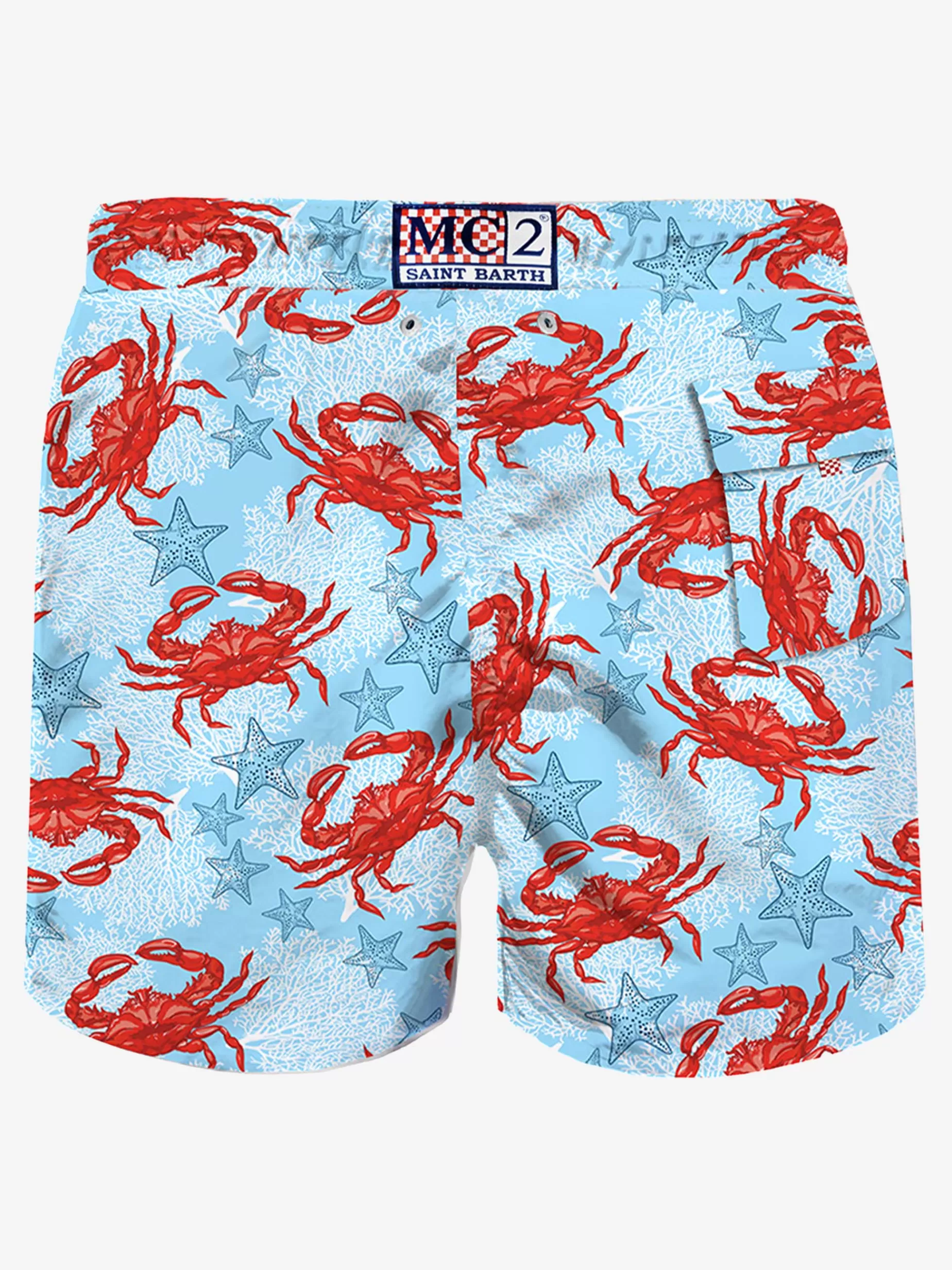 Sale Costume da bagno azzurro di media lunghezza con stampa granchio Uomo Costumi Mare Stampati | Tessuto Mano Pesca