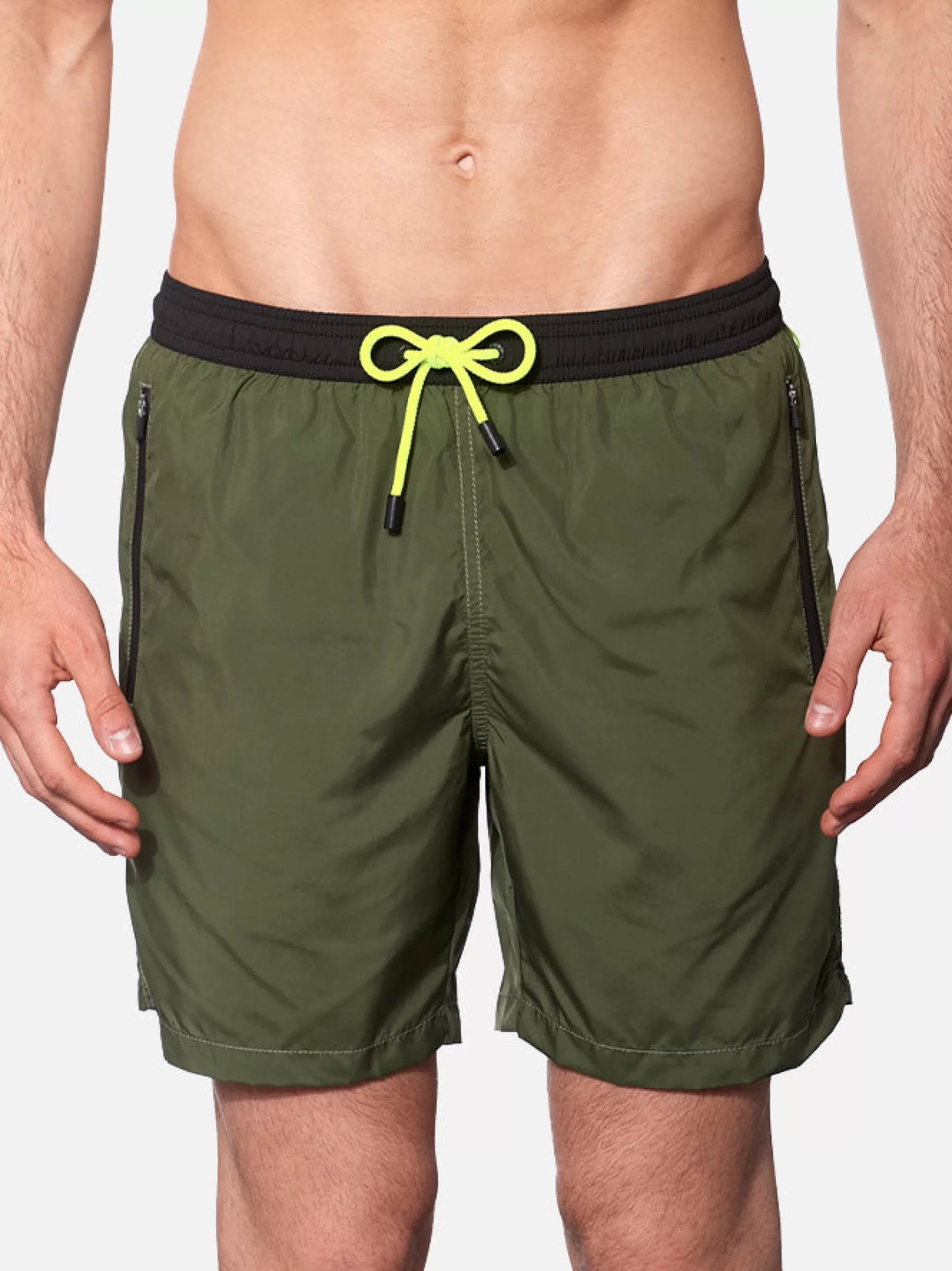 Best Sale Costume da bagno da uomo con zip in tessuto leggero verde militare Uomo Tessuto Leggero