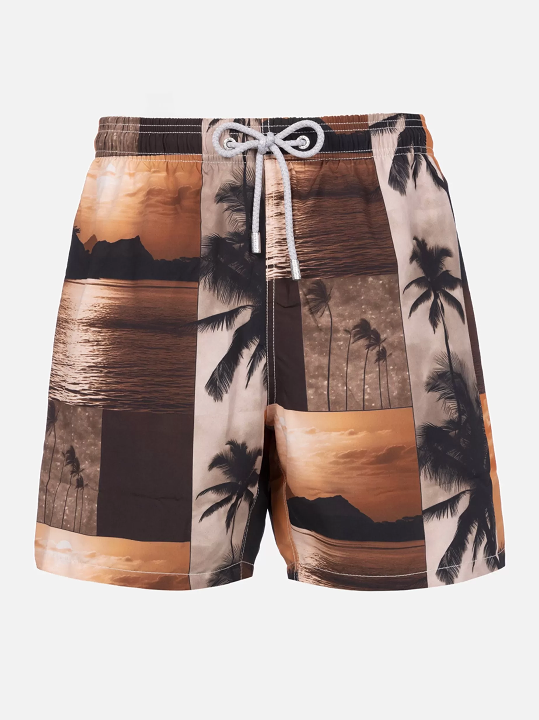Store Costume da bagno da uomo Gustavia lunghezza media con stampa foto tramonto | AI CO-CREATED DESIGN BY RICKDICK - POWERED BY RED-EYE Uomo Costumi Mare Stampati | Tessuto Mano Pesca