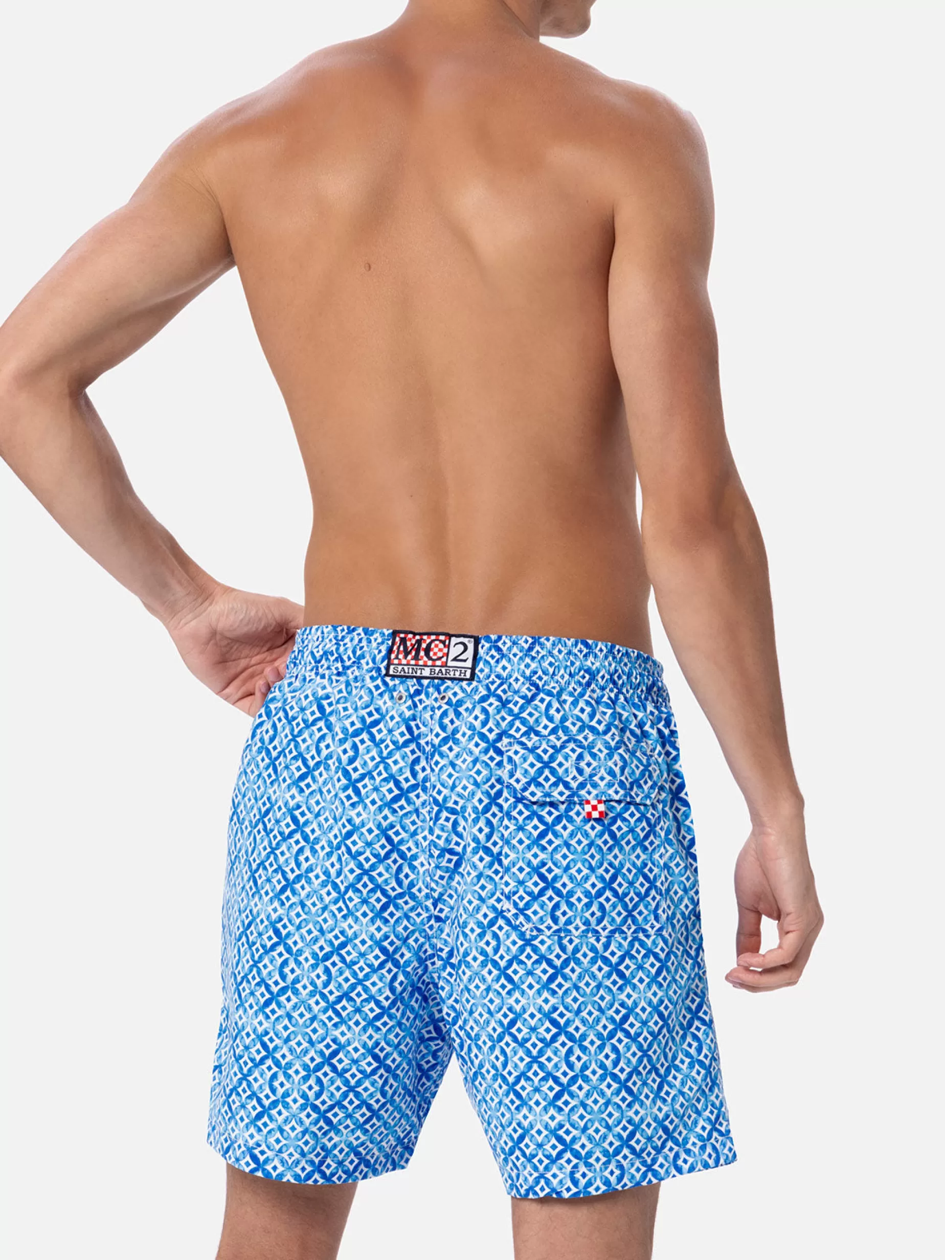 Store Costume da bagno da uomo Gustavia lunghezza media con stampa geometrica maioliche Uomo Costumi Mare Microfantasia | Tessuto Mano Pesca