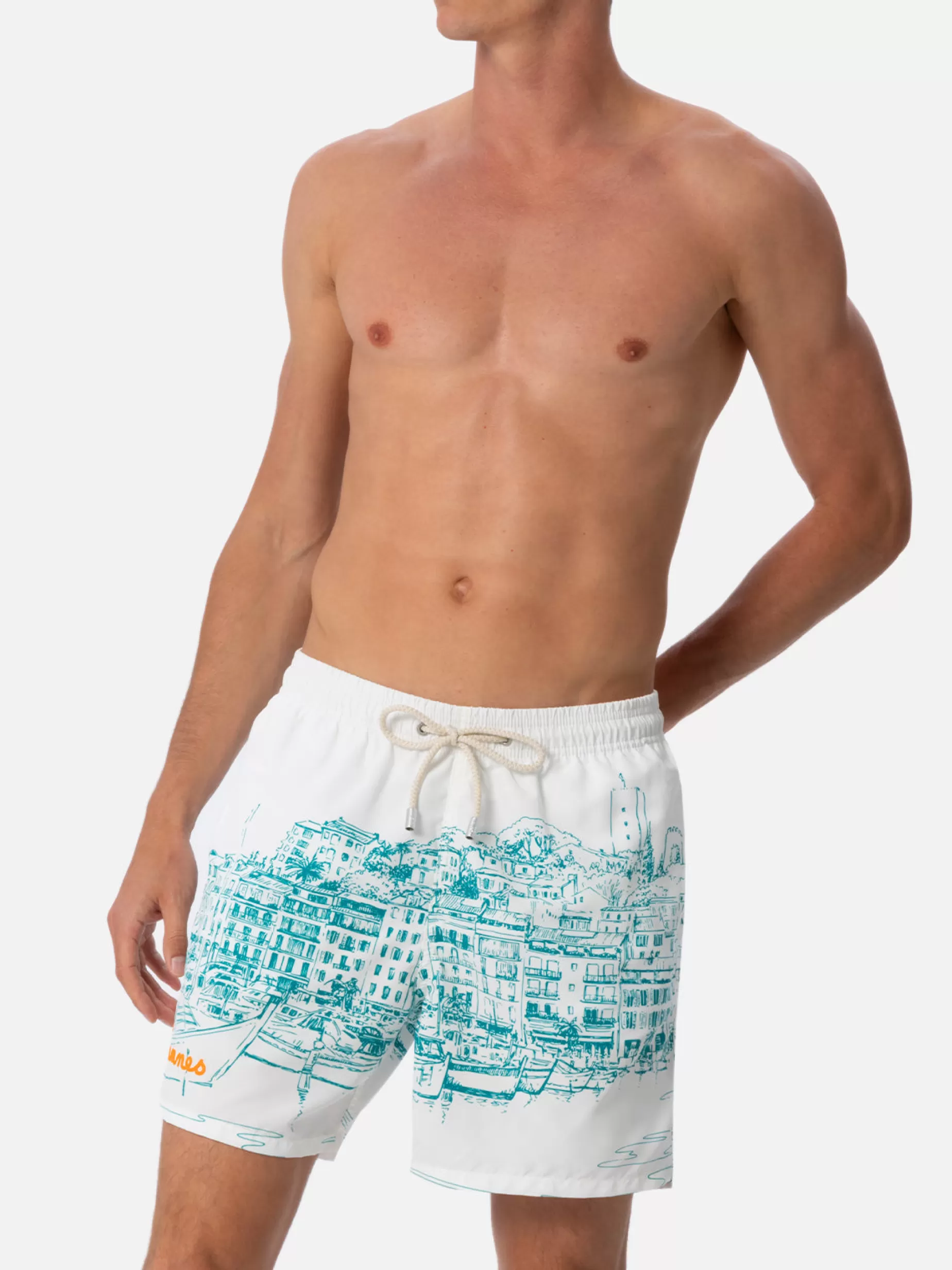 Best Costume da bagno da uomo Gustavia lunghezza media con stampa piazzata Cannes Uomo Costumi Mare Stampati | Tessuto Mano Pesca