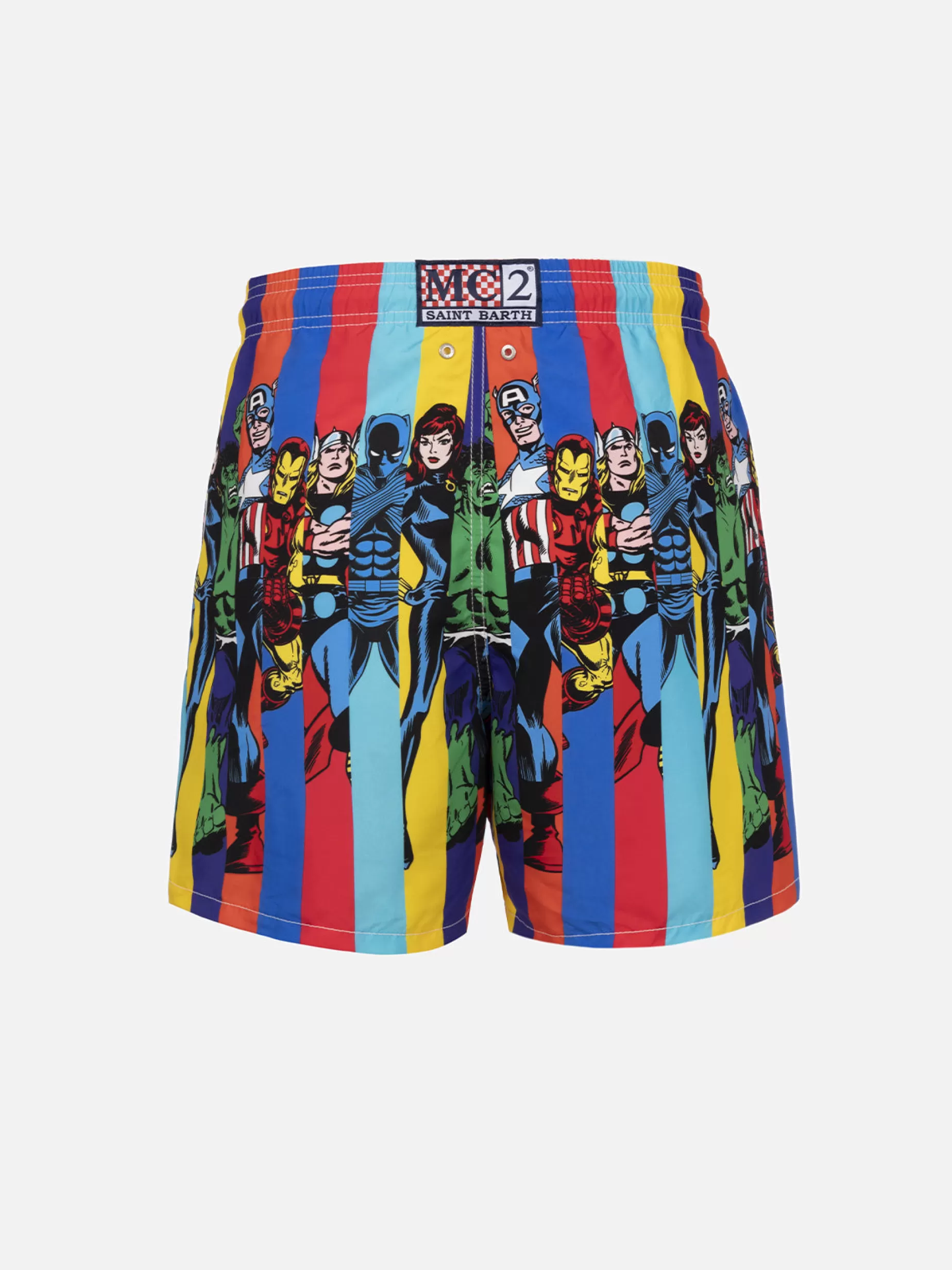 Clearance Costume da bagno da uomo Gustavia lunghezza media con stampa piazzata dei personaggi Marvel | EDIZIONE SPECIALE MARVEL Uomo Costumi Mare Stampati | Tessuto Mano Pesca