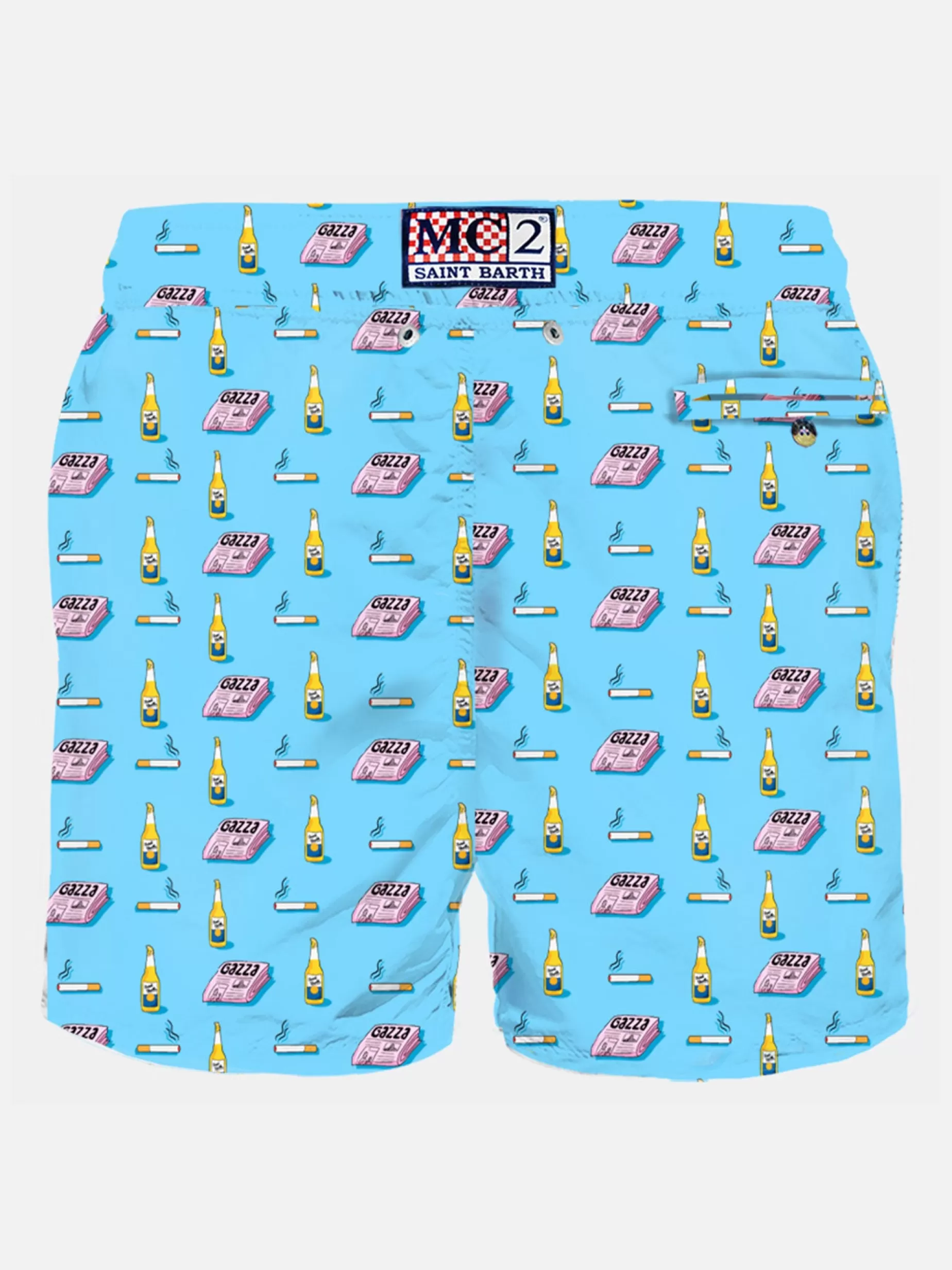 Shop Costume da bagno da uomo in tessuto leggero con stampa giornale, birra e sigarette Uomo Costumi Mare Microfantasia | Tessuto Leggero