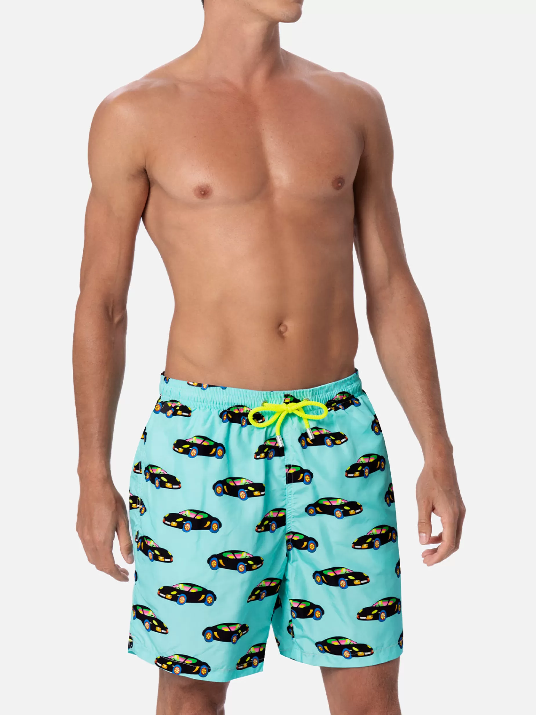 Shop Costume da bagno da uomo in tessuto leggero Illuminazione con stampa automobile Lodola | MARCO LODOLA SPECIAL EDITION Uomo Costumi Mare Stampati | Tessuto Leggero