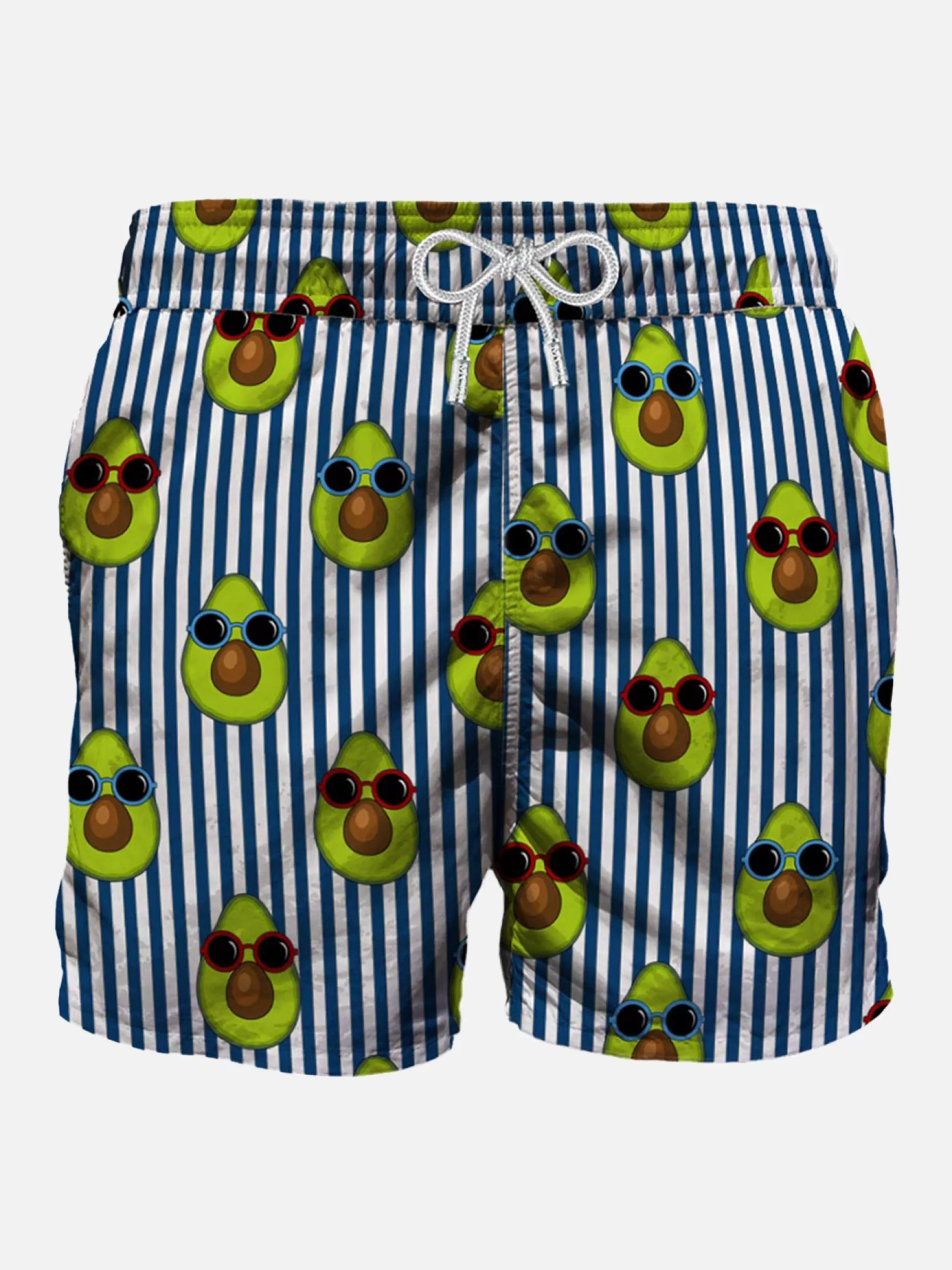 Clearance Costume da bagno di media lunghezza a righe blu stampa avocado Uomo Costumi Mare Stampati | Tessuto Mano Pesca