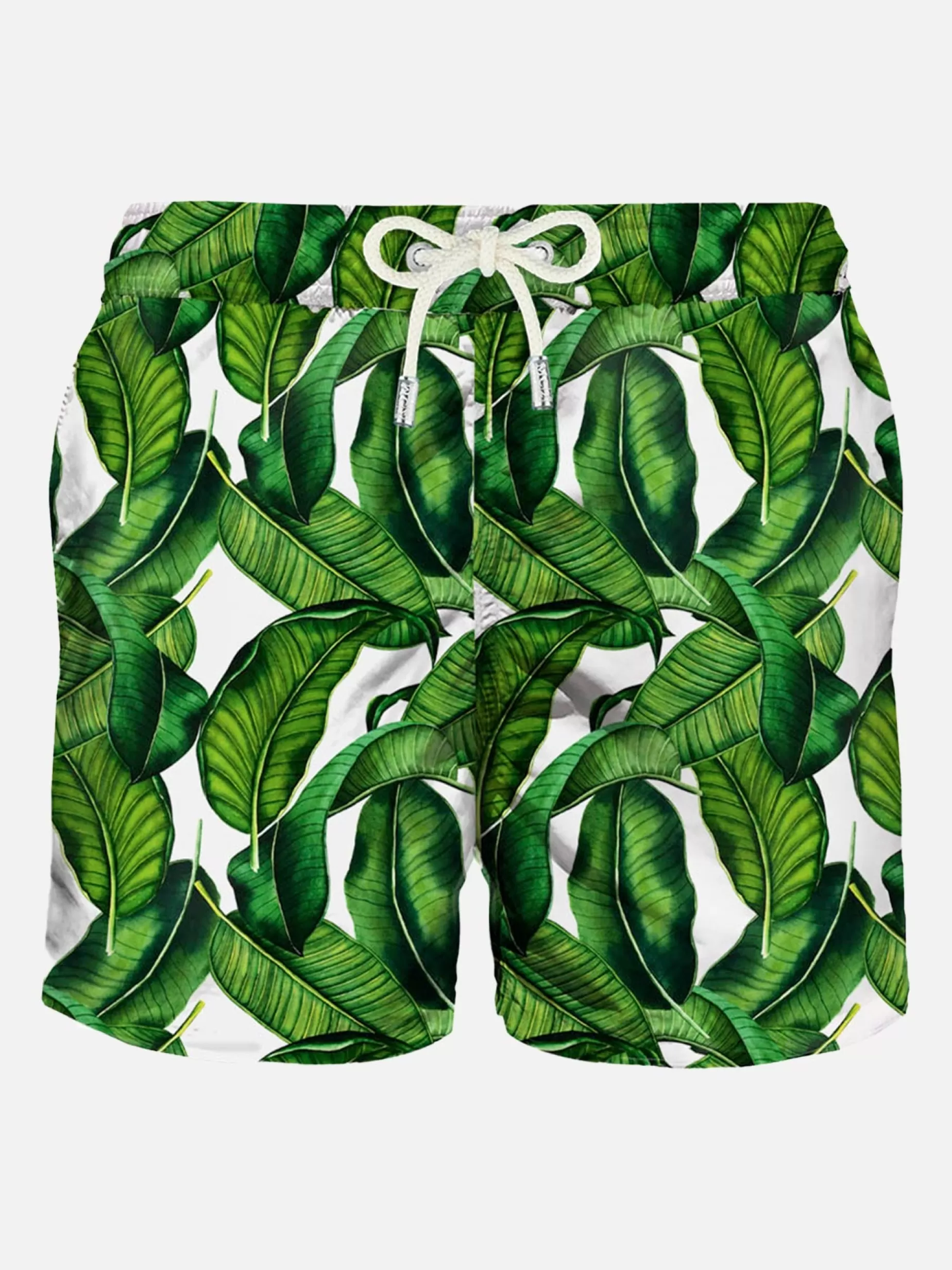 Store Costume da bagno di media lunghezza con stampa foglie di banano Uomo Costumi Mare Stampati | Tessuto Mano Pesca