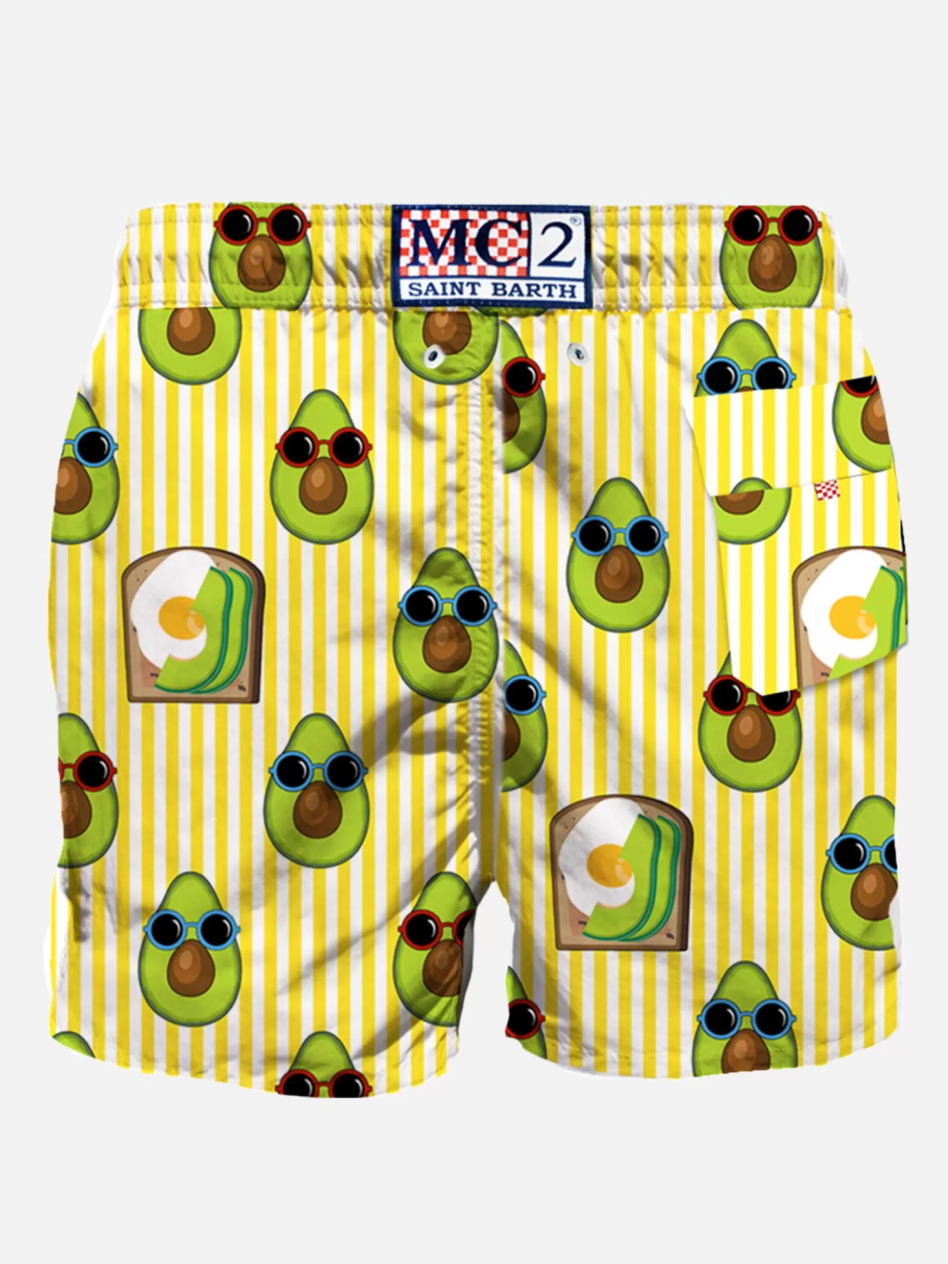 Best Costume da bagno di media lunghezza stampa rigata avocado toast Uomo Costumi Mare Stampati | Tessuto Mano Pesca