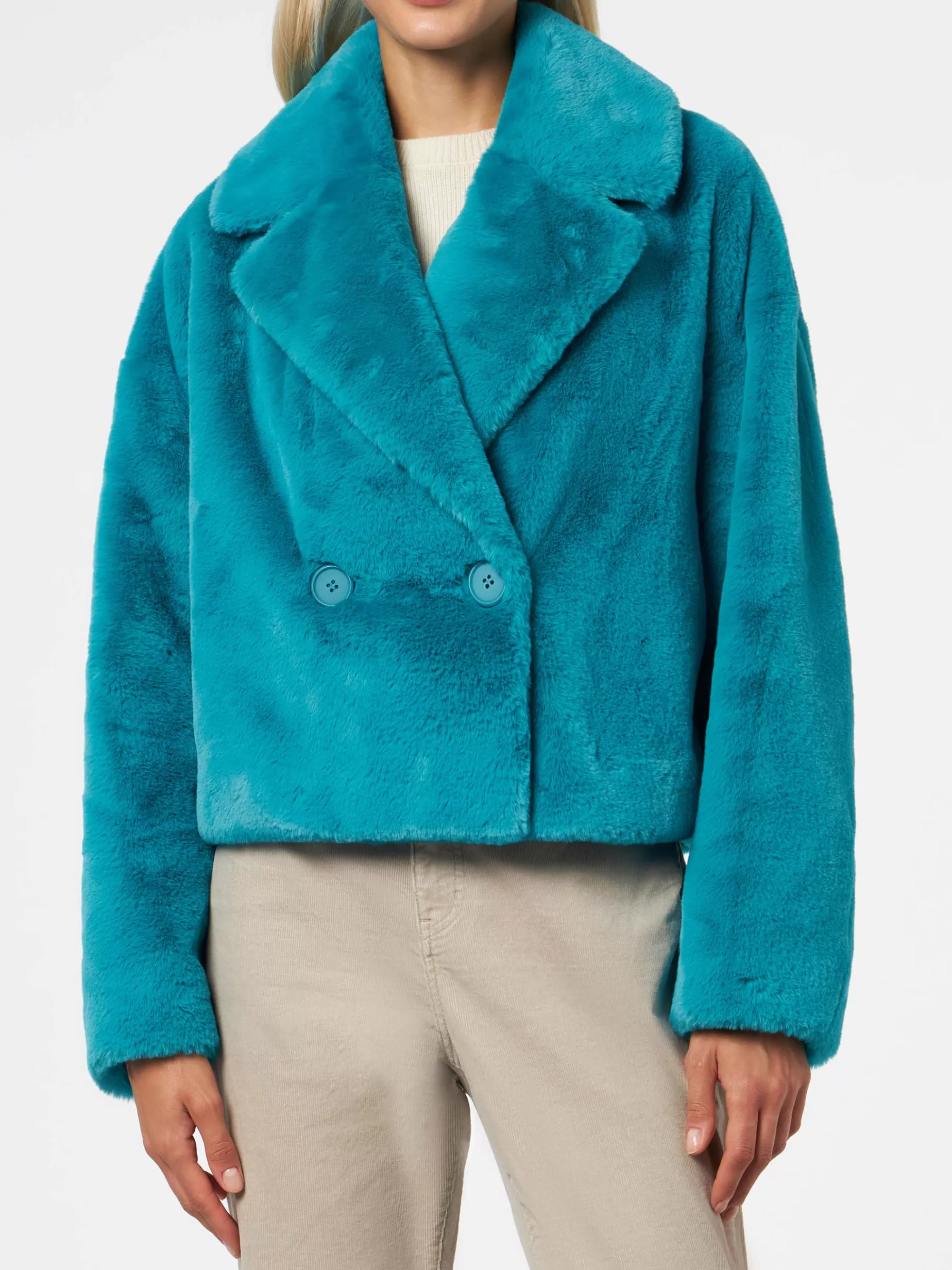 Best Sale Giacca corta da donna pelosa color verde acqua Donna Capispalla