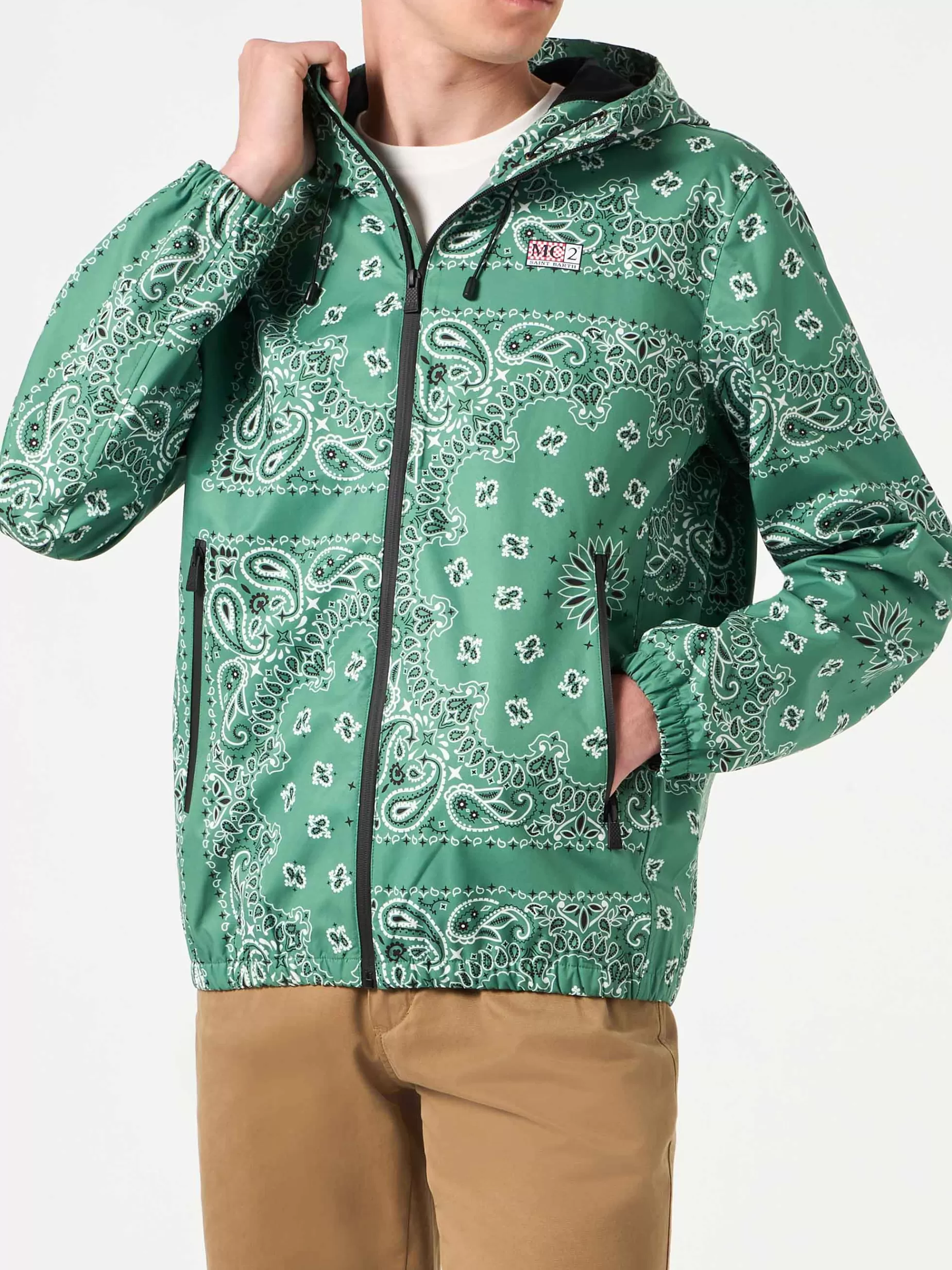 Cheap Giacca da uomo con cappuccio con stampa bandana verde militare Uomo Giacche Antivento