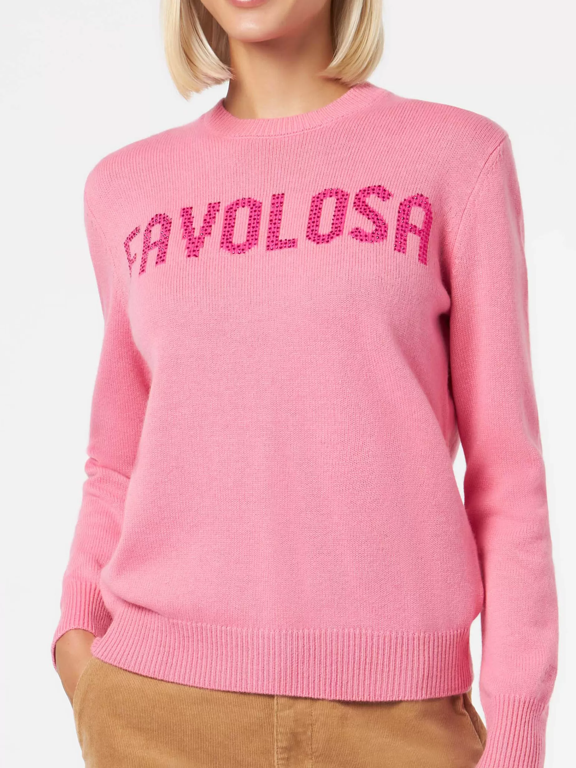 Outlet Maglia da donna girocollo rosa con stampa strass Favolosa Donna Maglieria | Maglieria