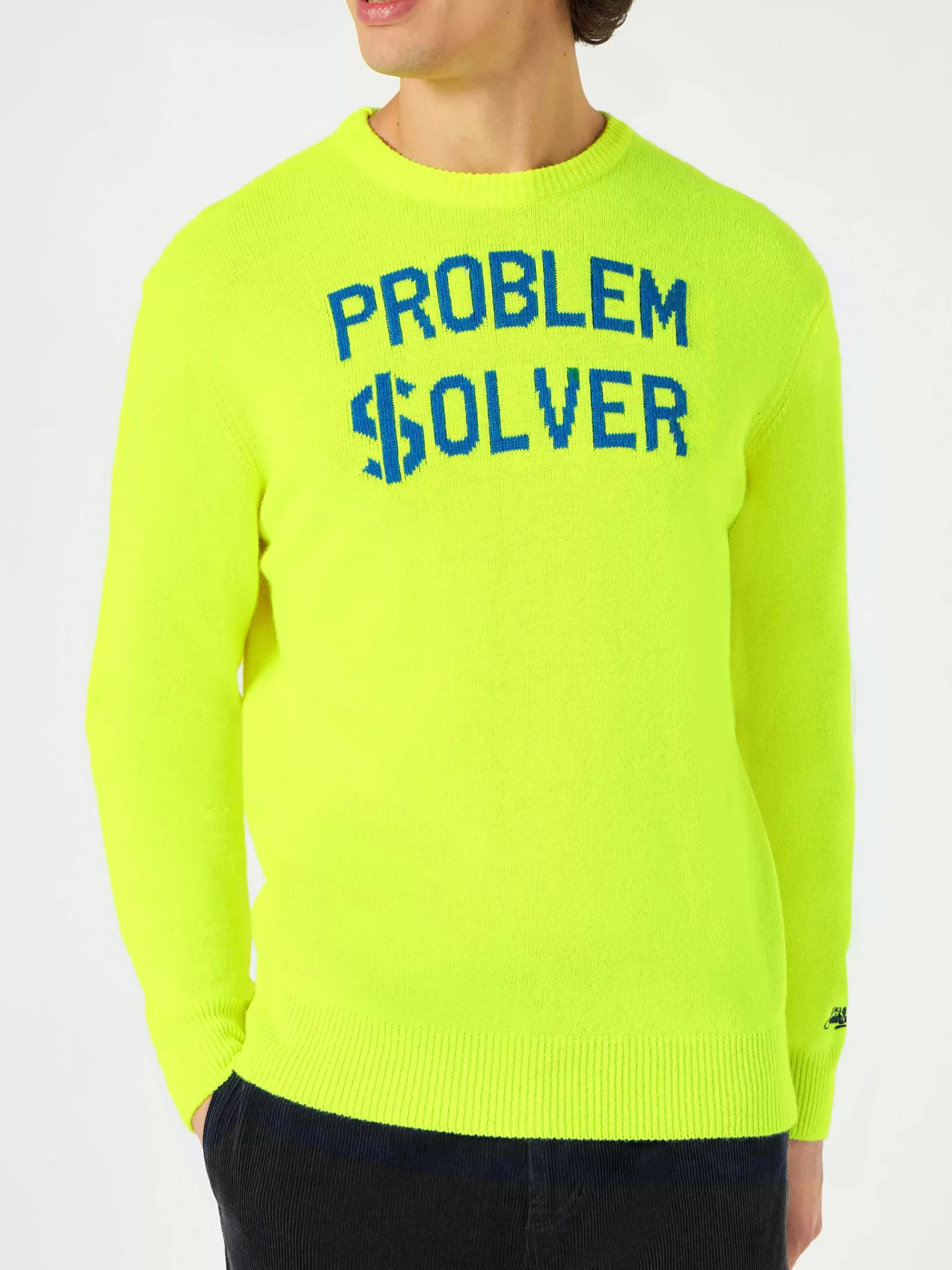 Best Sale Maglia da uomo giallo fluo con stampa Problem $olver Uomo Maglieria