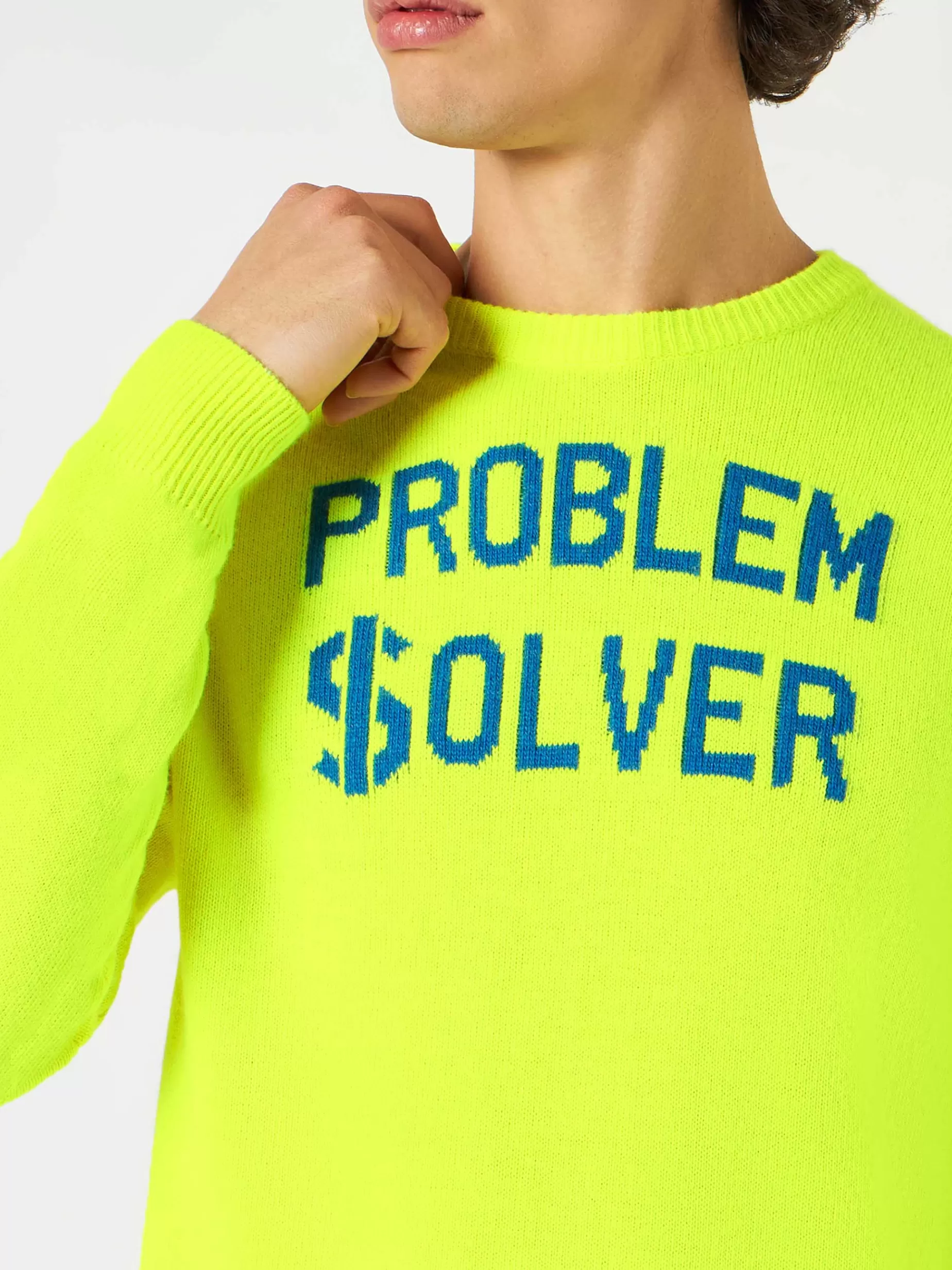 Best Sale Maglia da uomo giallo fluo con stampa Problem $olver Uomo Maglieria