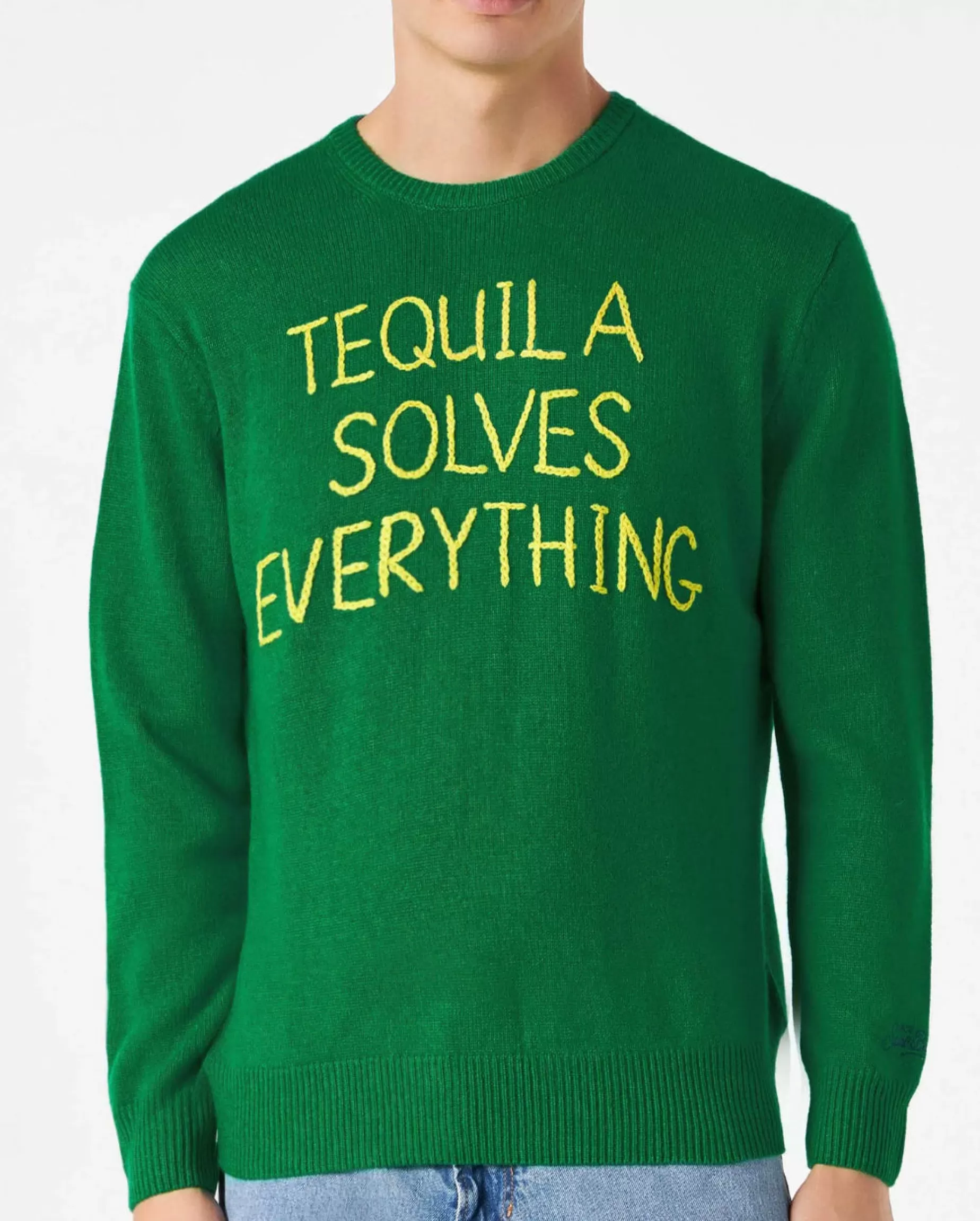 Best Sale Maglia da uomo verde con ricamo Tequila solves everything Uomo Maglieria